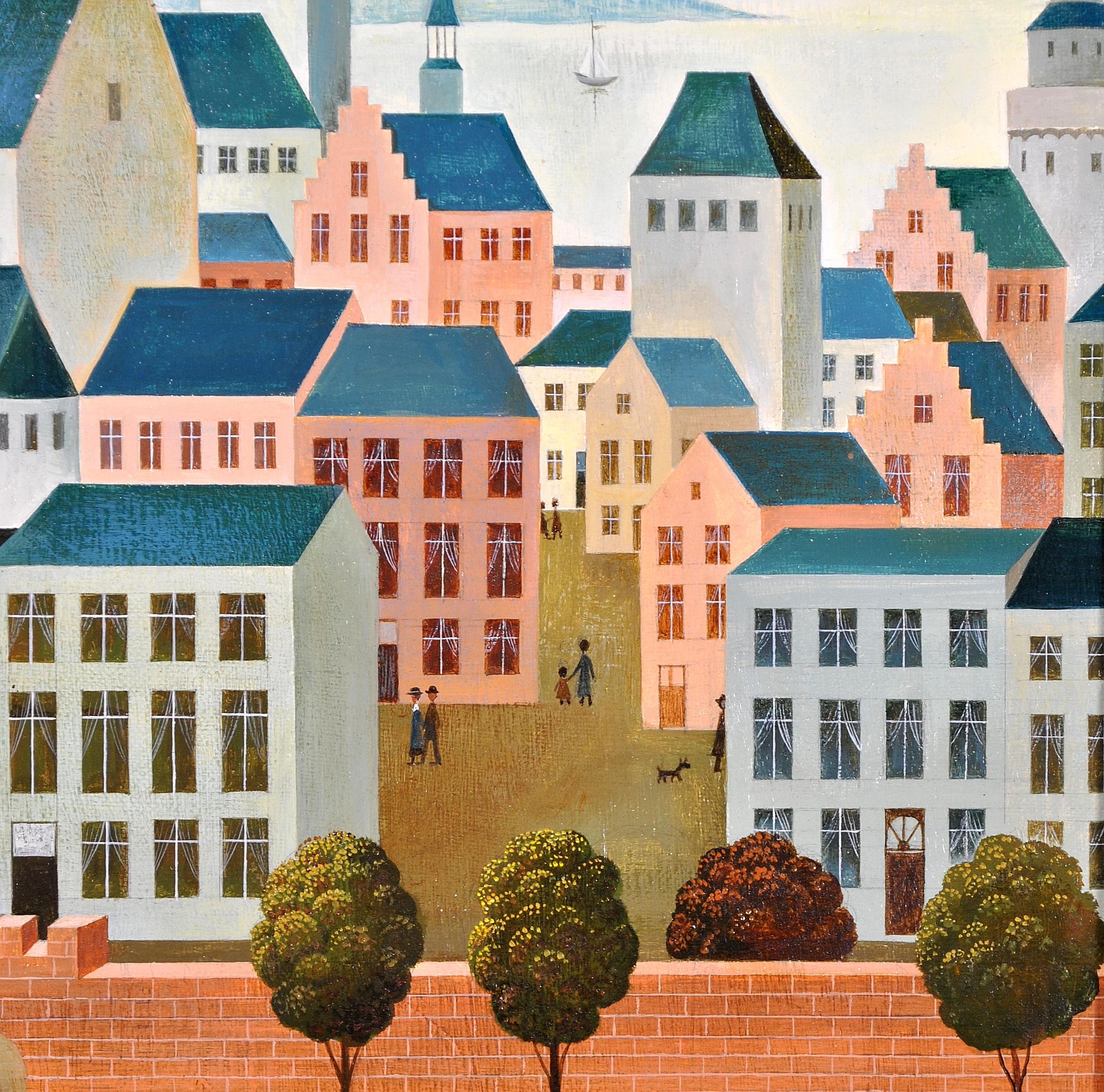 Paysage urbain - Peinture à l'huile de paysage de ville naïf belge du milieu du 20e siècle  en vente 8