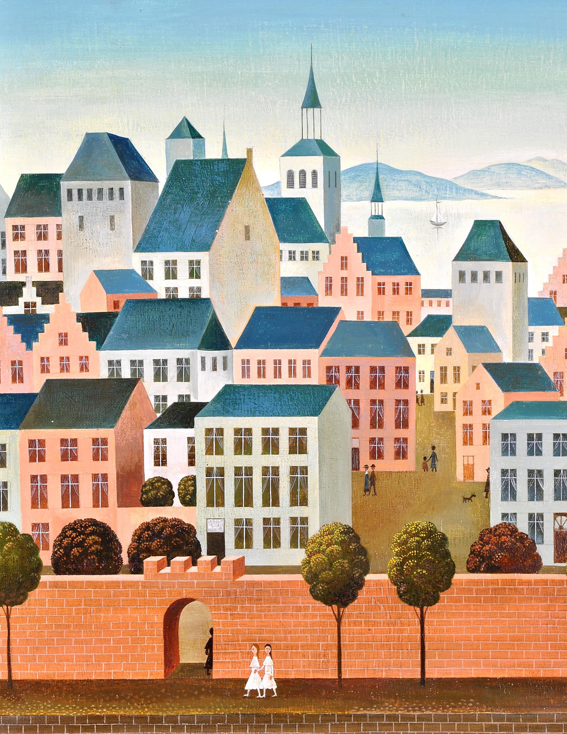 Paysage urbain - Peinture à l'huile de paysage de ville naïf belge du milieu du 20e siècle  en vente 9