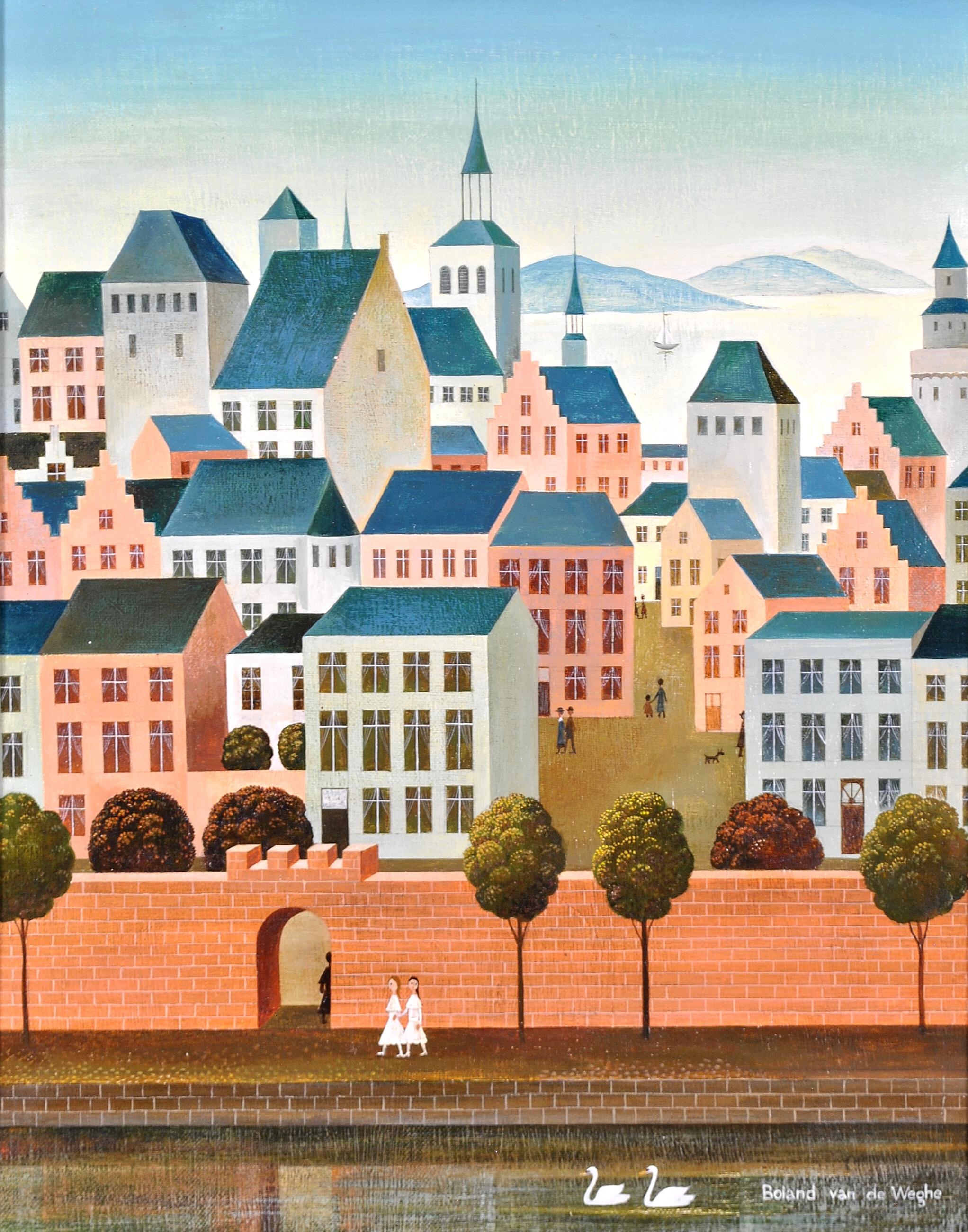 Stadtlandschaft – belgische französische Naif-Stadtlandschaft, Ölgemälde, Mitte des 20. Jahrhunderts  – Painting von Suzanne Boland van de Weghe