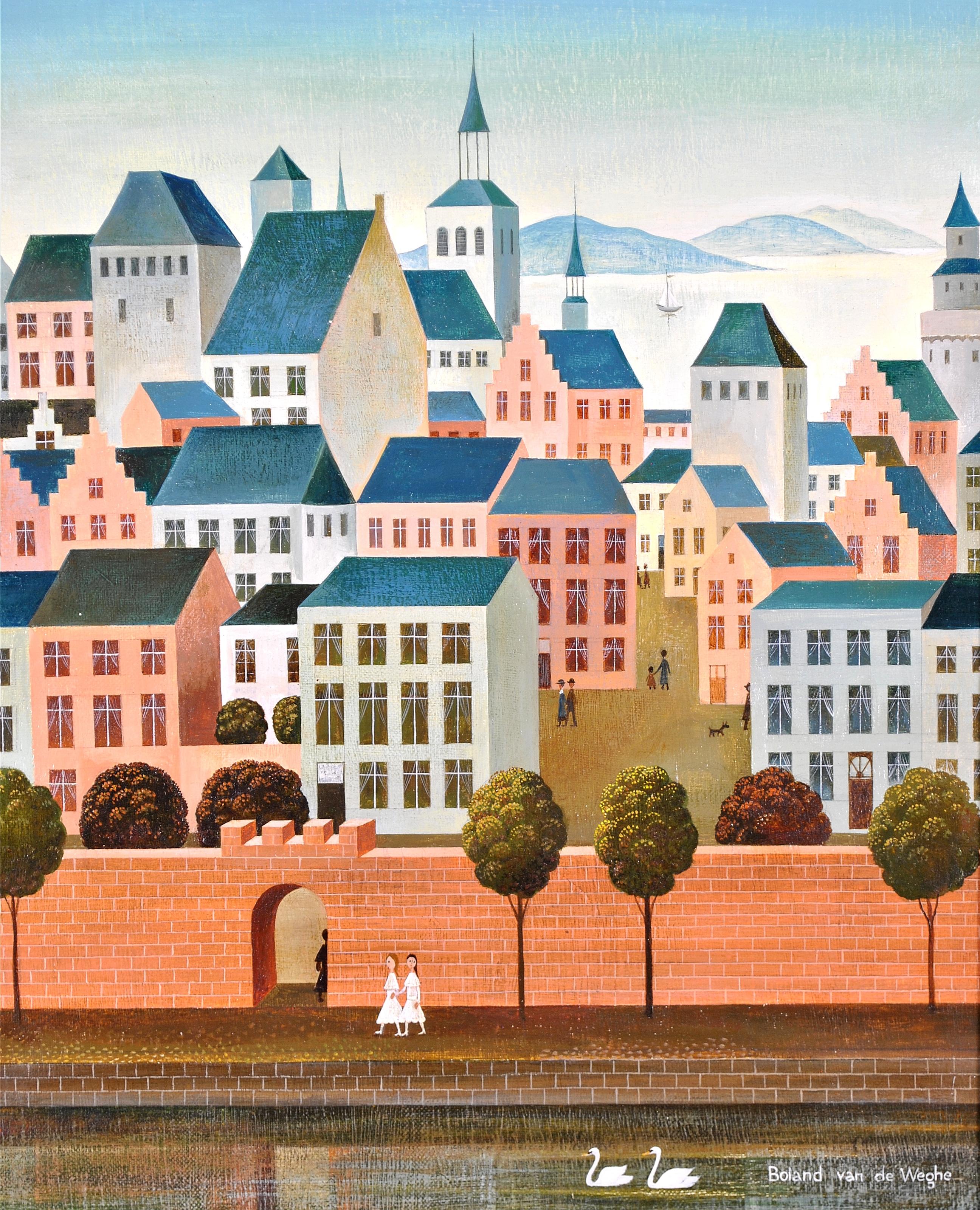 Paysage urbain - Peinture à l'huile de paysage de ville naïf belge du milieu du 20e siècle  en vente 1