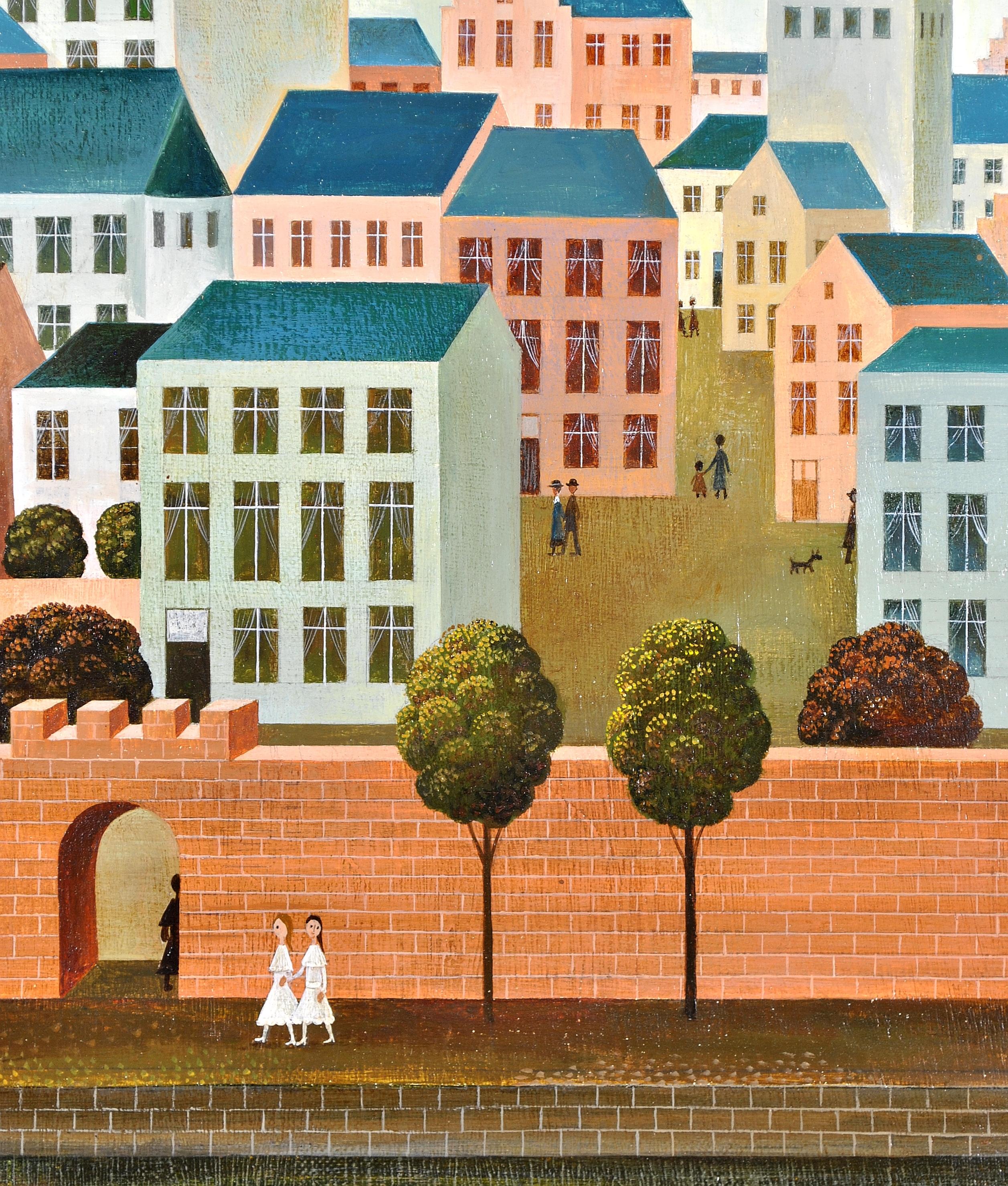 A beautiful mid 20th century oil on canvas by Belgian artist Suzanne Boland van de Weghe depicting figures in a walled town or city.

The work is very well painted in the naif Paris School style which was prevalent at the time and influenced by