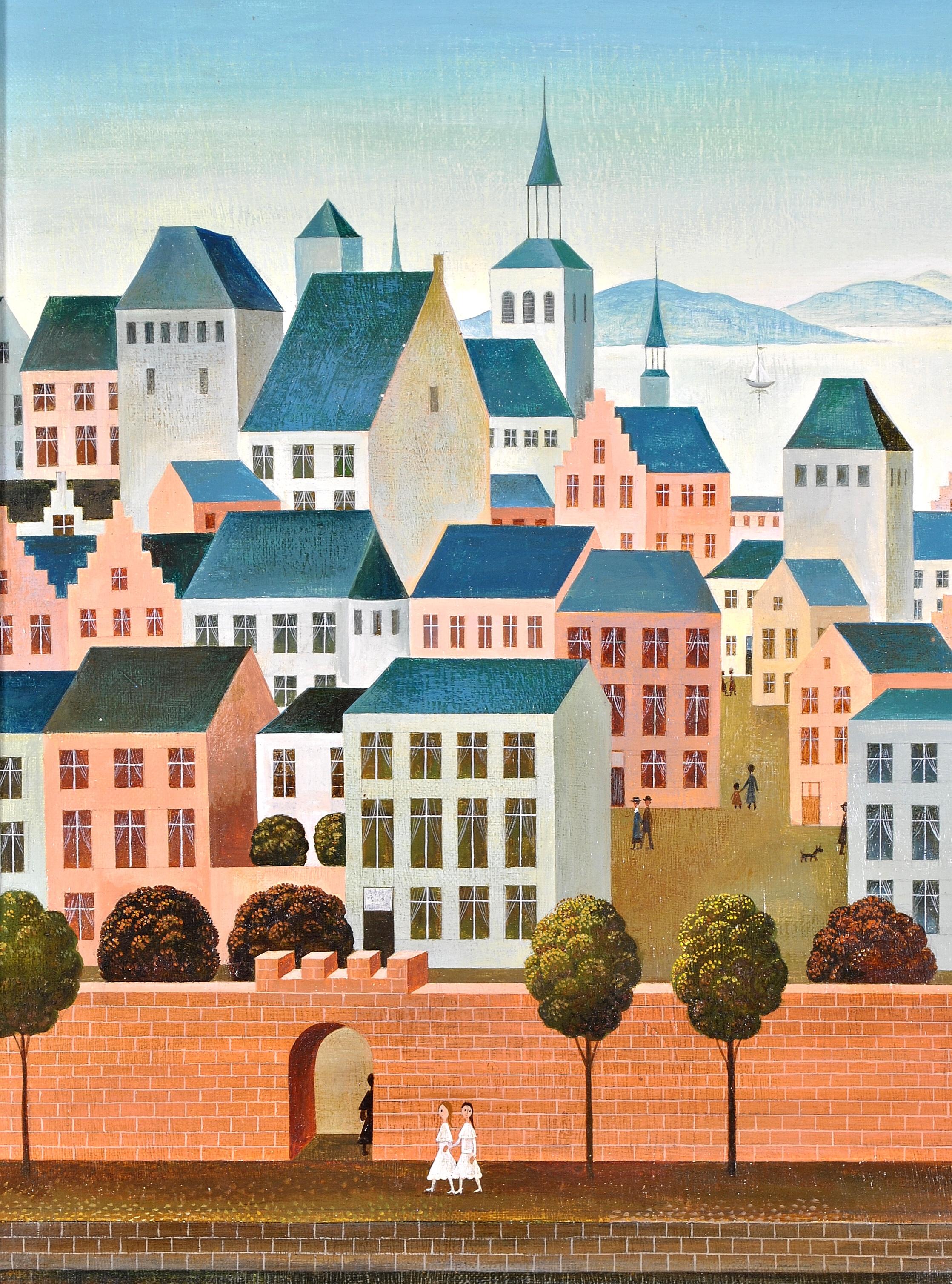 Paysage urbain - Peinture à l'huile de paysage de ville naïf belge du milieu du 20e siècle  en vente 5