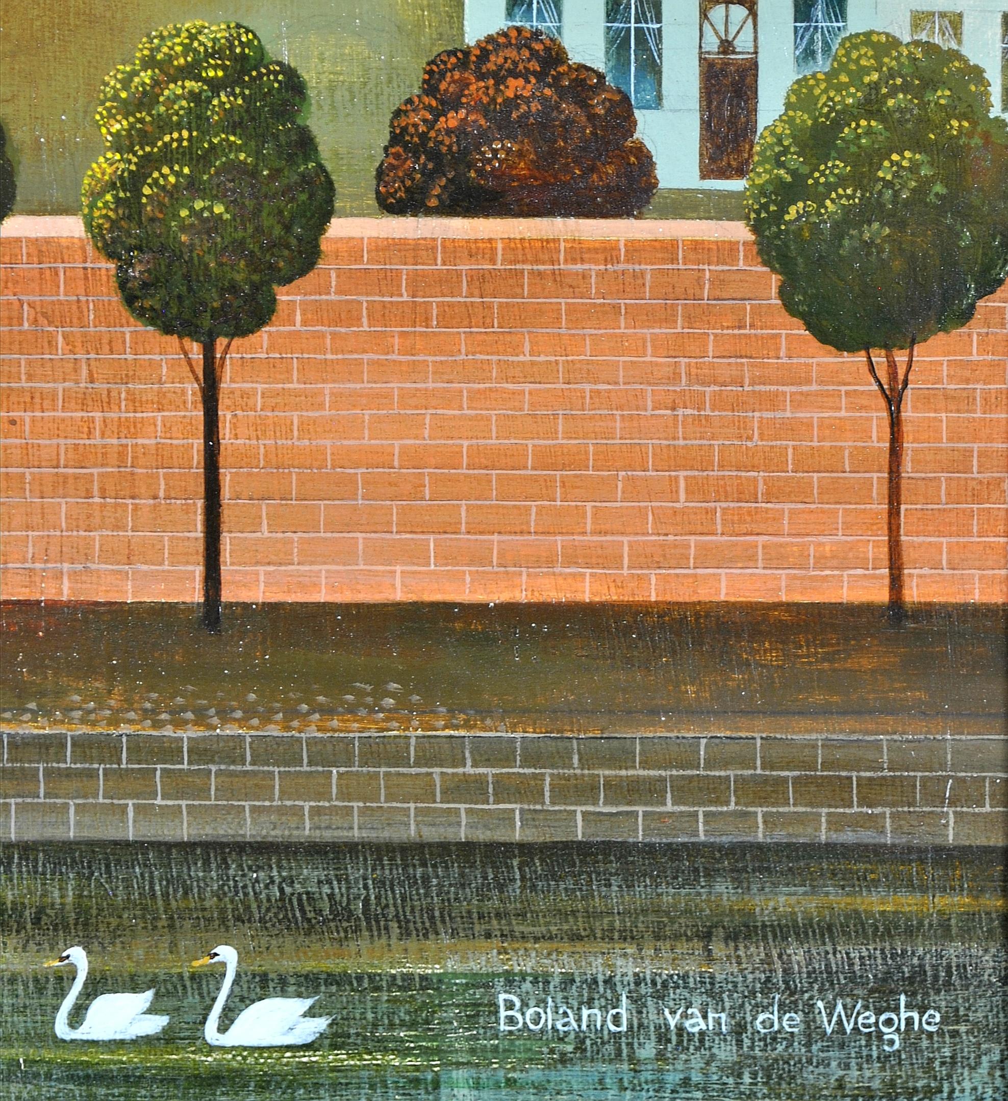 Stadtlandschaft – belgische französische Naif-Stadtlandschaft, Ölgemälde, Mitte des 20. Jahrhunderts  im Angebot 6
