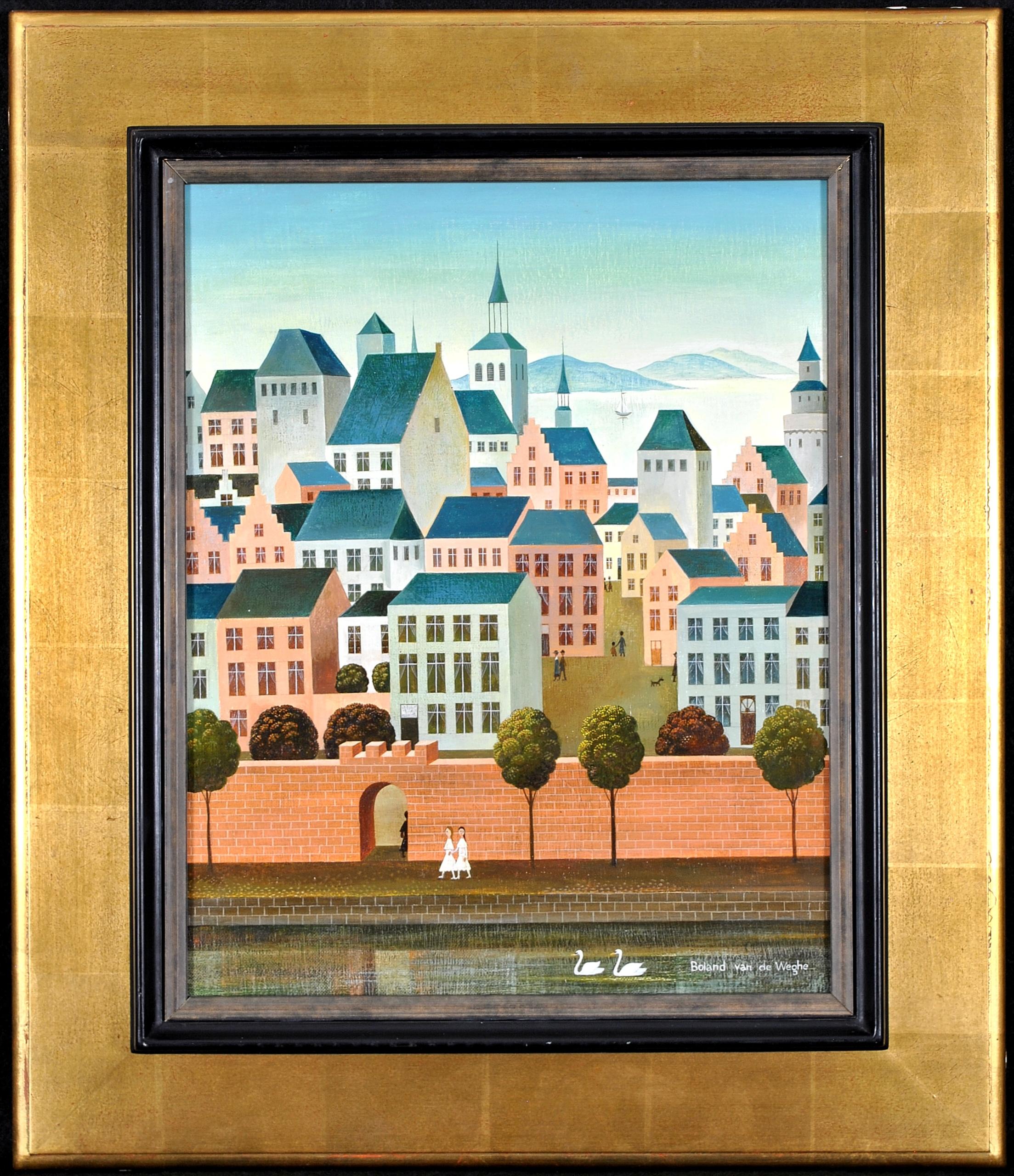 Landscape Painting Suzanne Boland van de Weghe - Paysage urbain - Peinture à l'huile de paysage de ville naïf belge du milieu du 20e siècle 