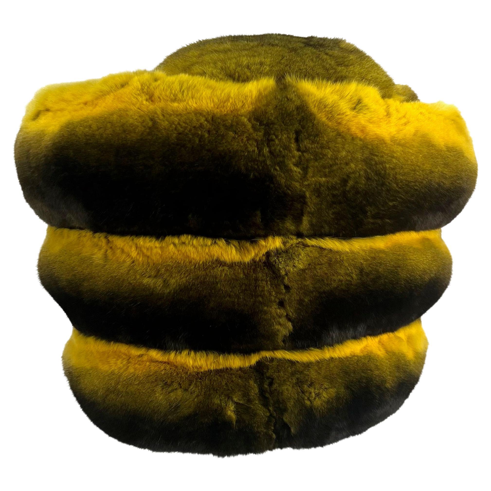 Suzanne Couture Millinery Oversized Yellow and Black Chinchilla Fur Beehive Hat  In Good Condition For Sale In West Hollywood, CA