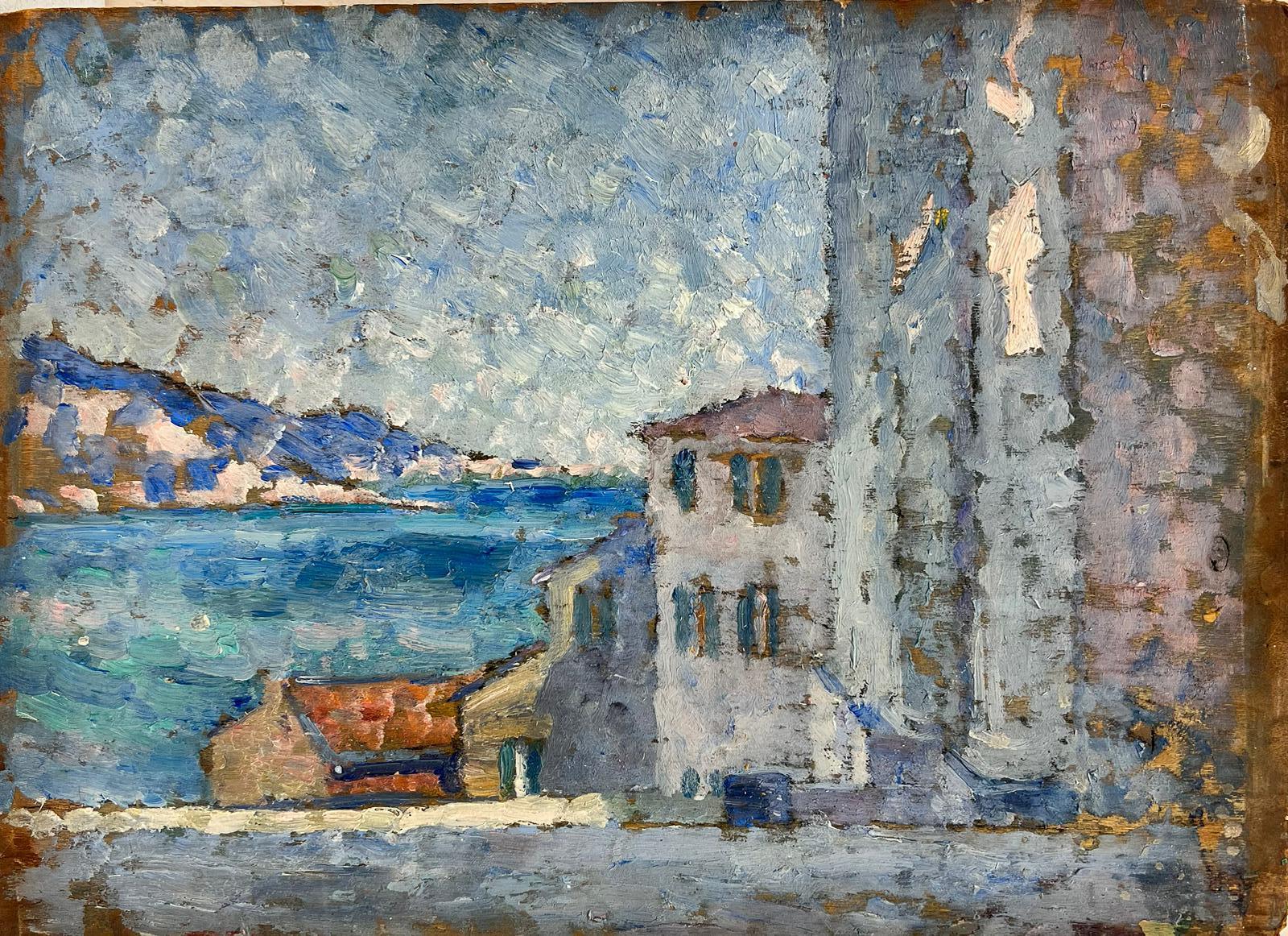 Suzanne Crochet Landscape Painting - 1930's French Post Impressionist Oil Blue Coast/ Country House Double Sided work