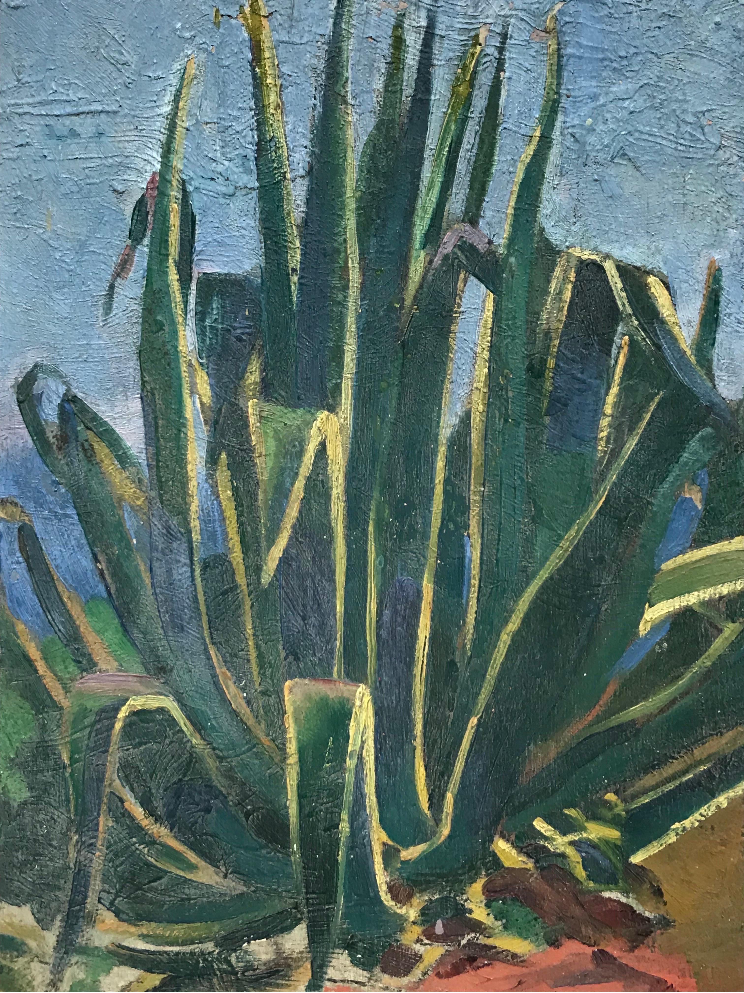 Künstler/Schule: Suzanne Crochet (Französin, um 1930), Künstlerin des französischen Impressionismus

Titel: Aloe Vera Pflanze wächst in der Wildnis

Medium: Öl auf Karton, ungerahmt 

pappe: 13 x 9,5 Zoll

Provenienz: Privatsammlung,