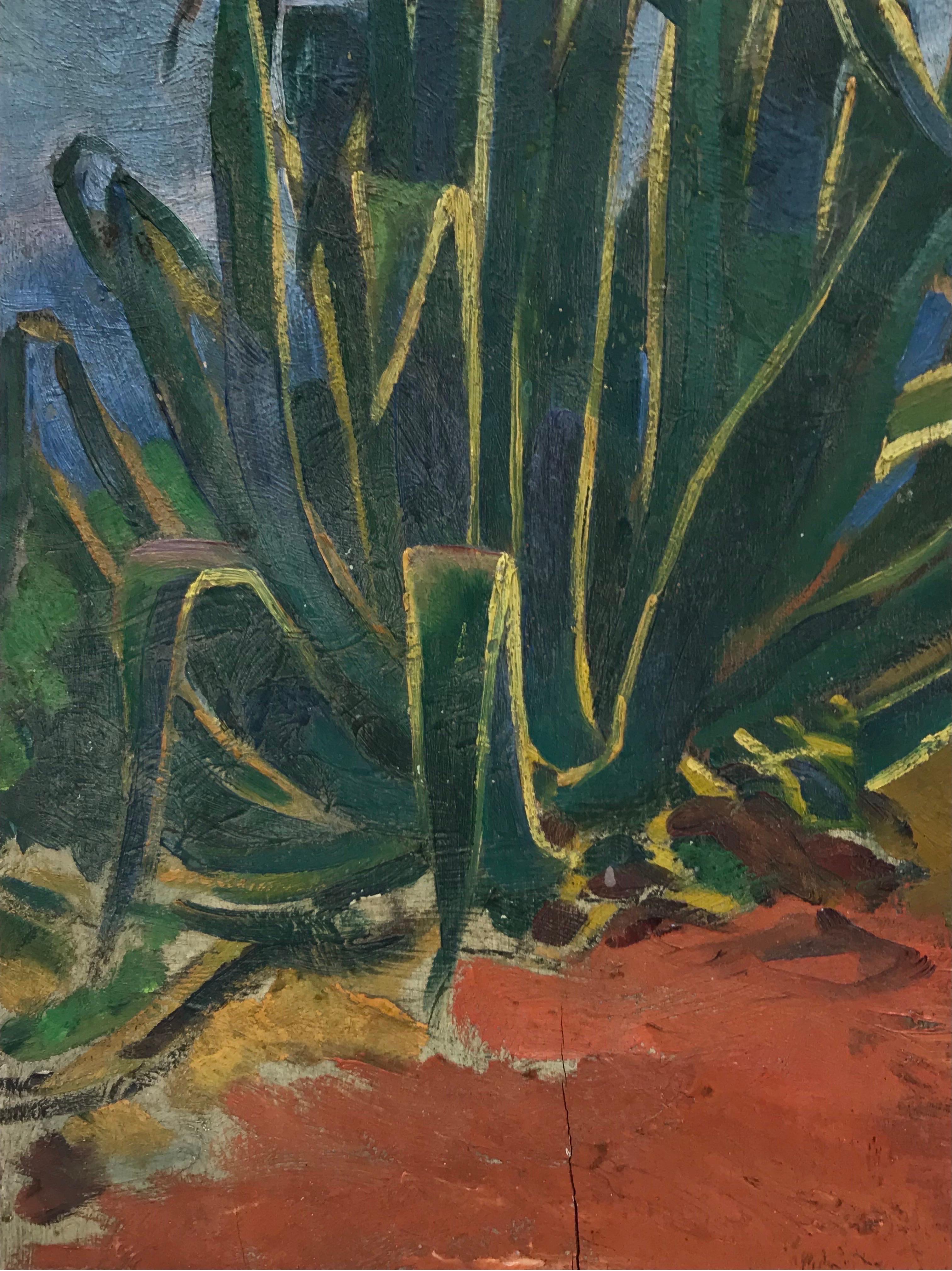 Artist/ School: Suzanne Crochet (French c. 1930), female French Impressionist artist

Title: Aloe Vera plant growing in the wilderness

Medium: oil on board, unframed 

board: 13 x 9.5 inches

Provenance: private collection, France

Condition: The