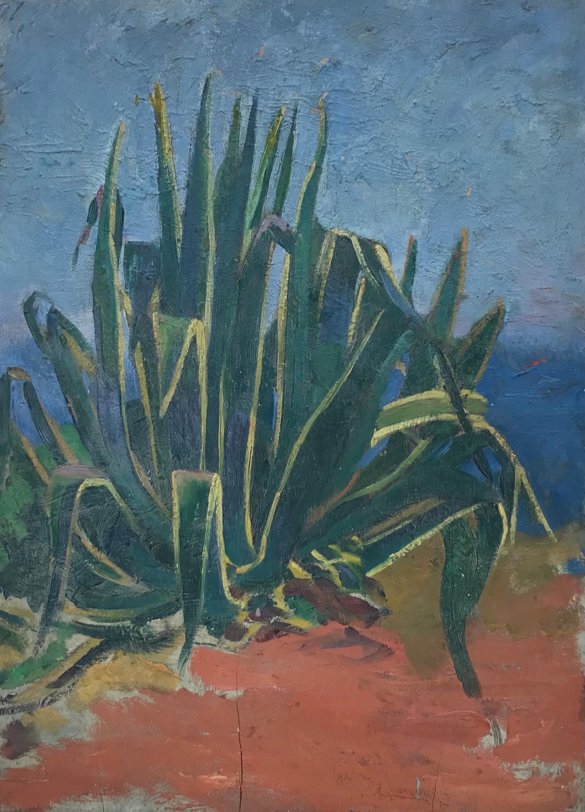 Still-Life Painting Suzanne Crochet - Peinture à l'huile post-impressionniste française des années 1930, Aloe Vera Plant in Wilderness