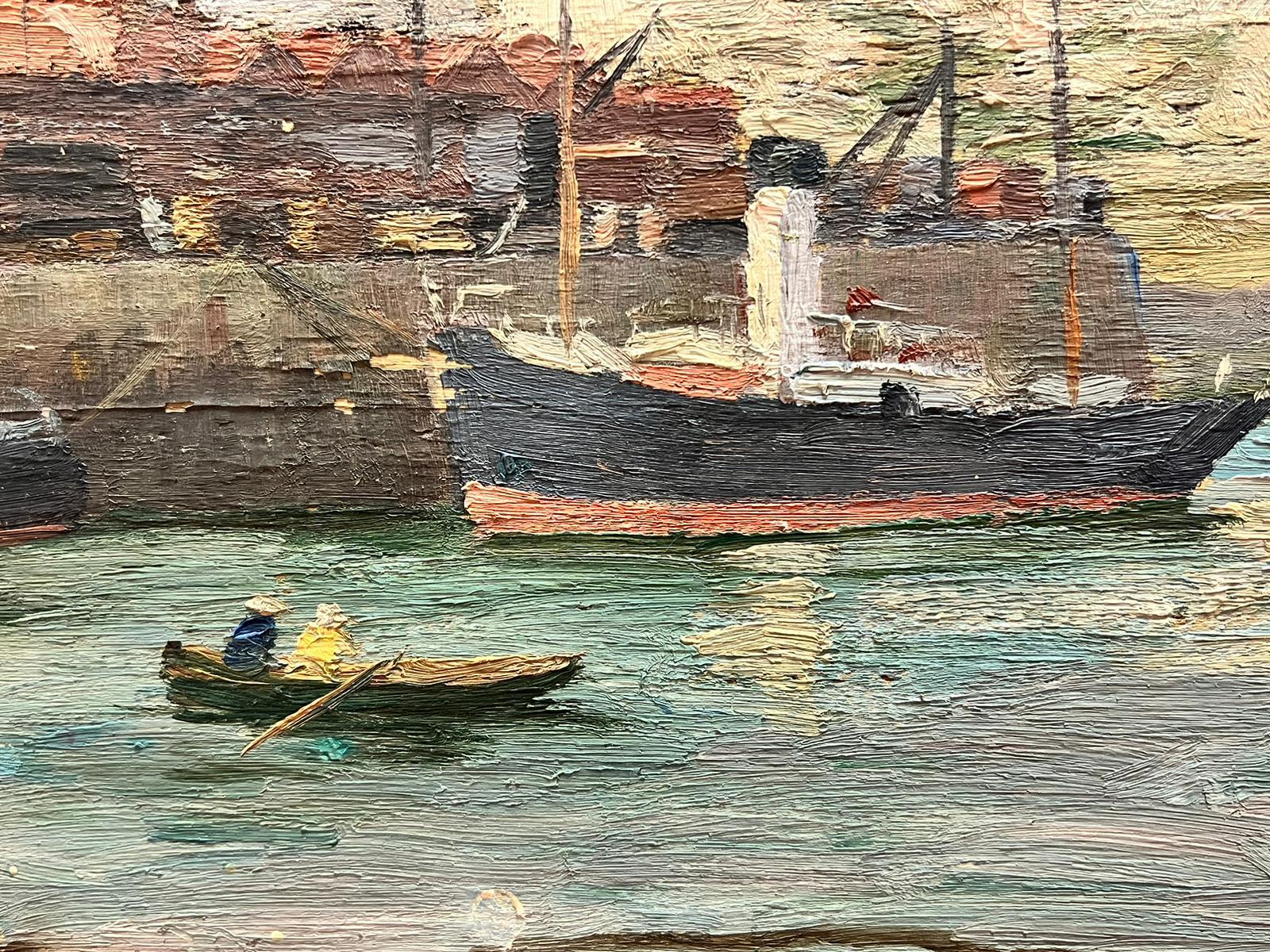 Peinture à l'huile post-impressionniste française des années 1930 Bateaux dans le port - Painting de Suzanne Crochet