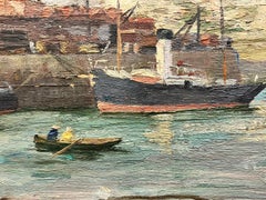 1930's French Post Impressionist Oil Painting Boats in Harbour