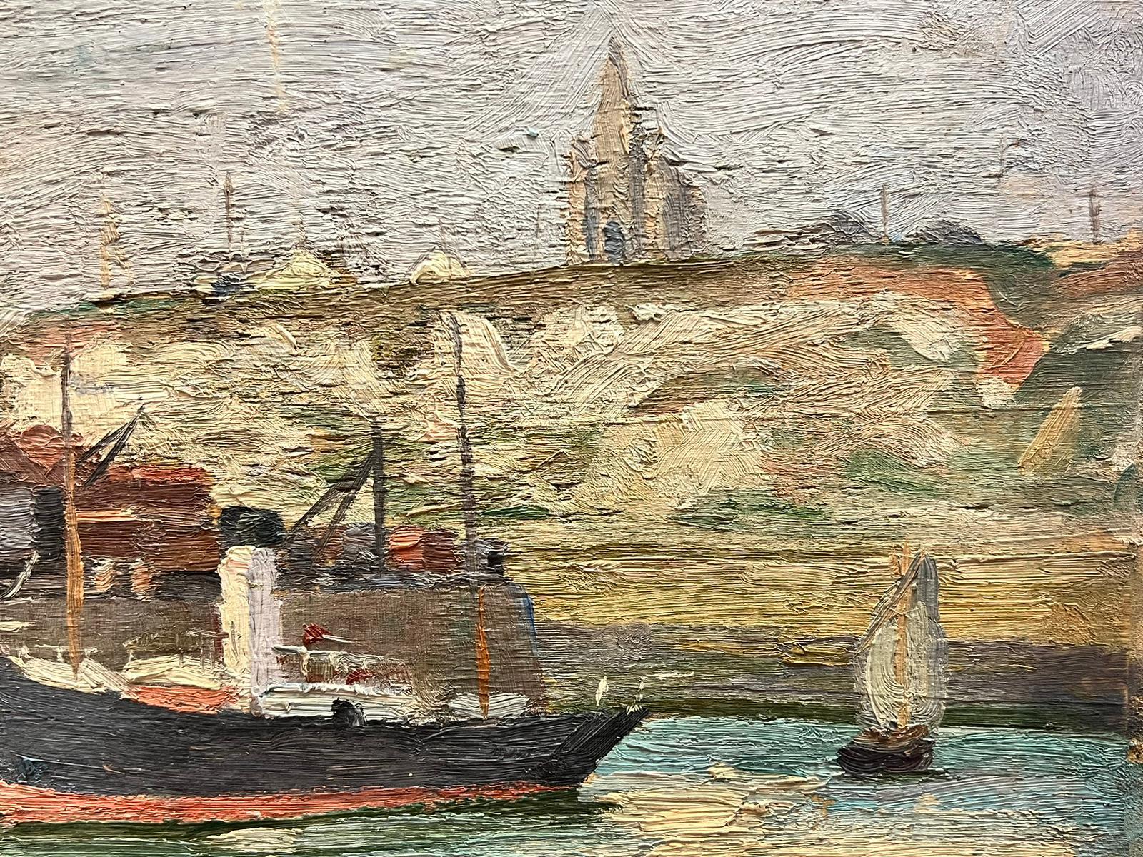 Peinture à l'huile post-impressionniste française des années 1930 Bateaux dans le port - Post-impressionnisme Painting par Suzanne Crochet
