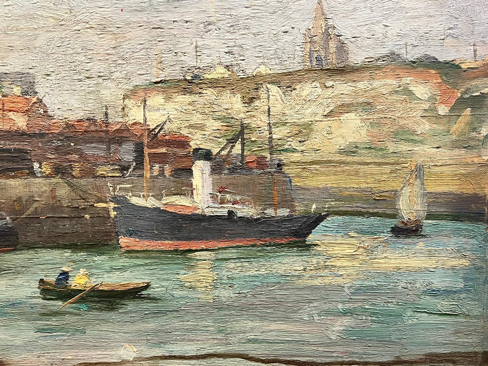 1930's French Post Impressionist Oil Painting Boats in Harbour For Sale 2