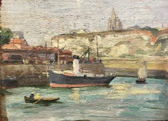 Peinture à l'huile post-impressionniste française des années 1930 Bateaux dans le port