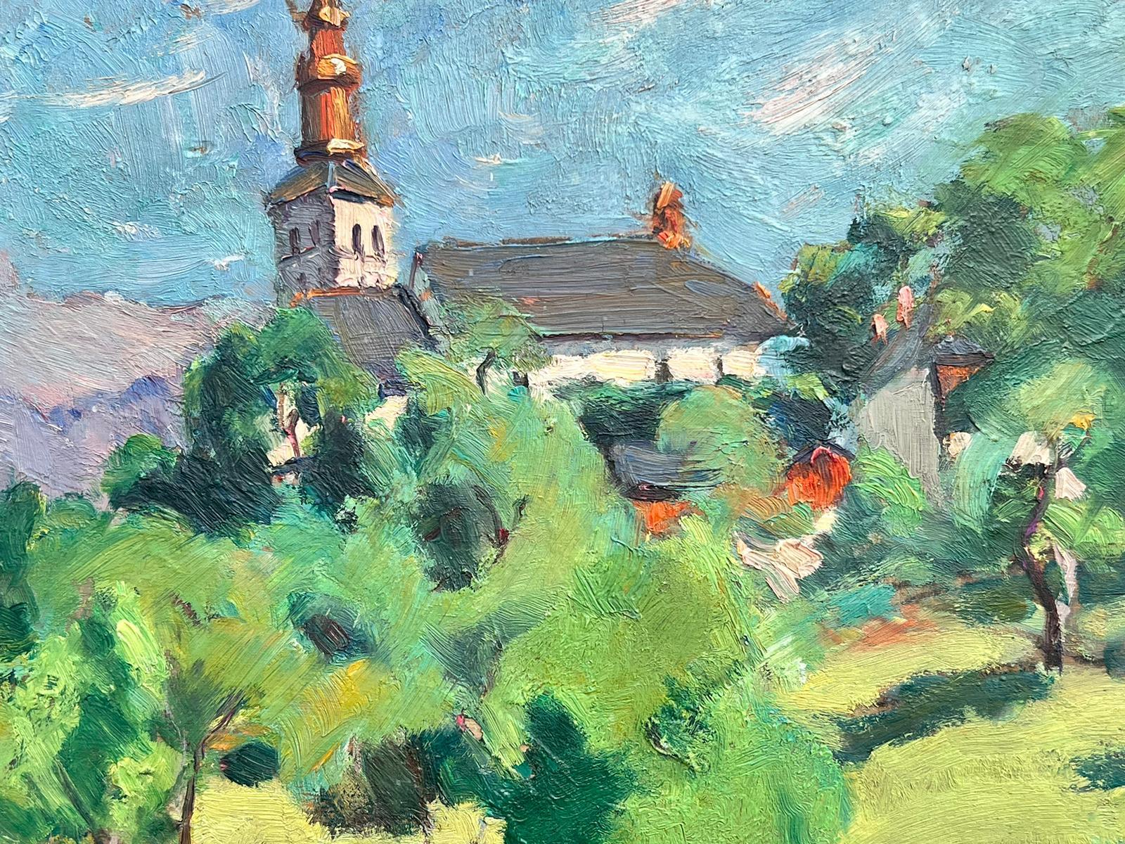 Artist/ School: Suzanne Crochet (French c. 1930), French Impressionist artist

Title: Church in a Landscape

Medium: signed oil on board, unframed

board: 9 x 13 inches

Provenance: private collection, France

Condition: The painting is in overall