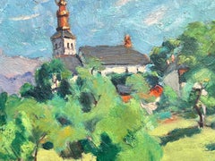 1930's French Post Impressionist Oil Painting Bright Green Church Landscape