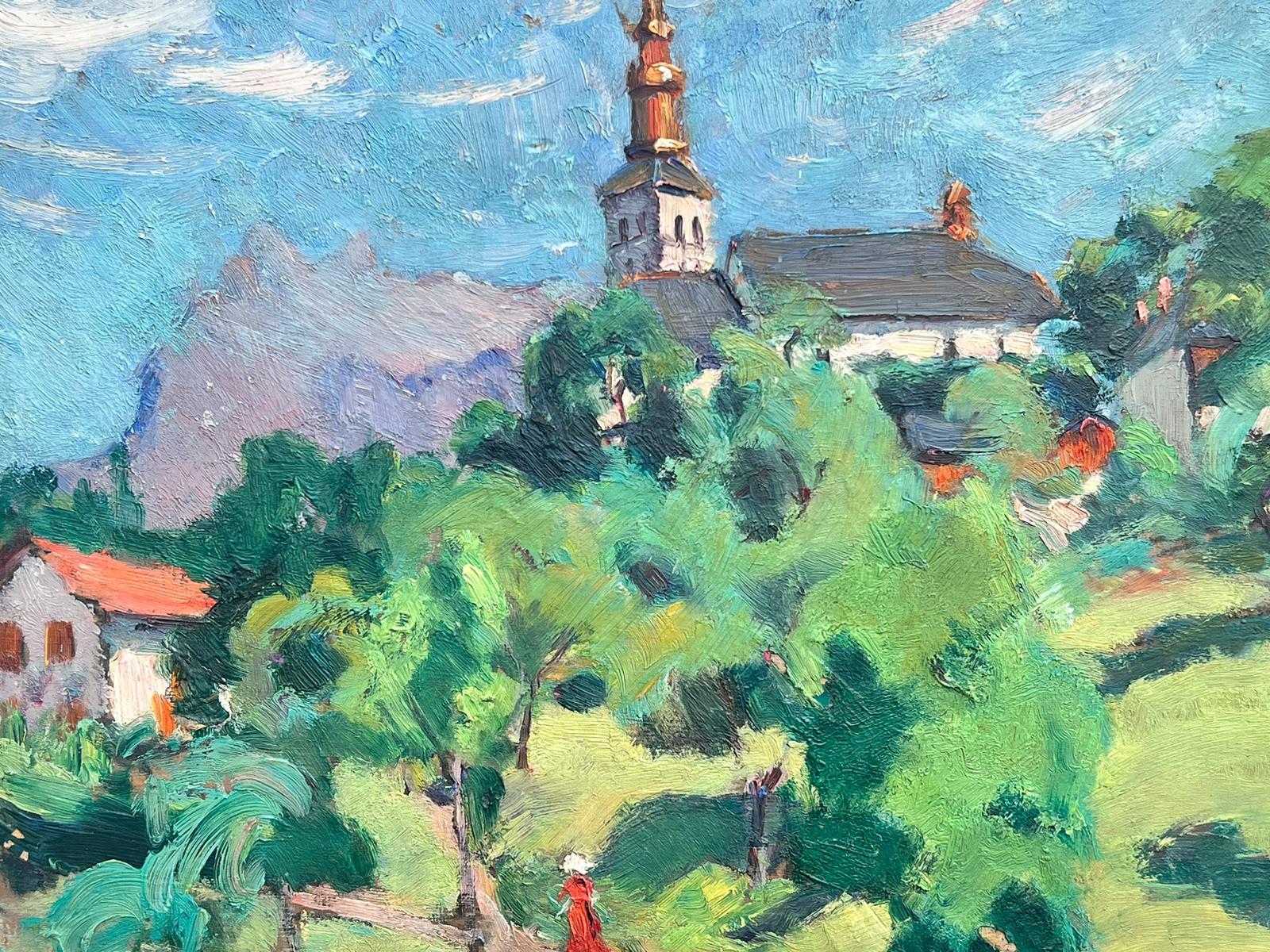 1930's French Post Impressionist Oil Painting Bright Green Church Landscape For Sale 2
