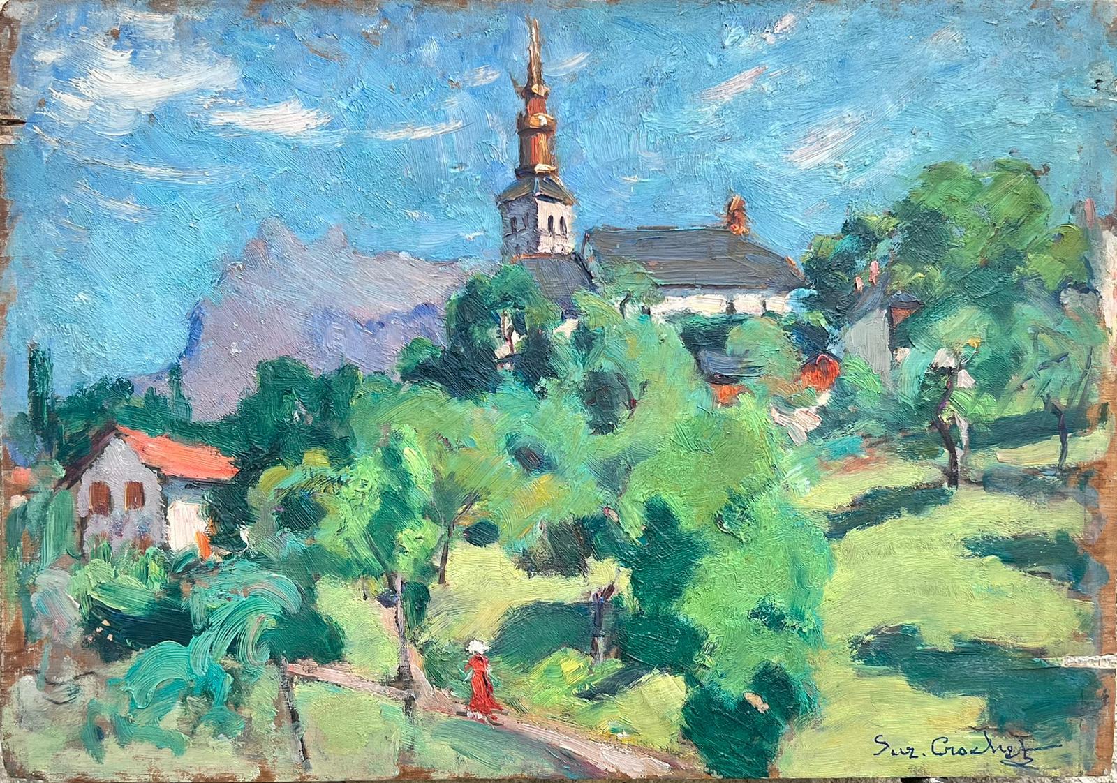 Suzanne Crochet Landscape Painting - 1930's French Post Impressionist Oil Painting Bright Green Church Landscape