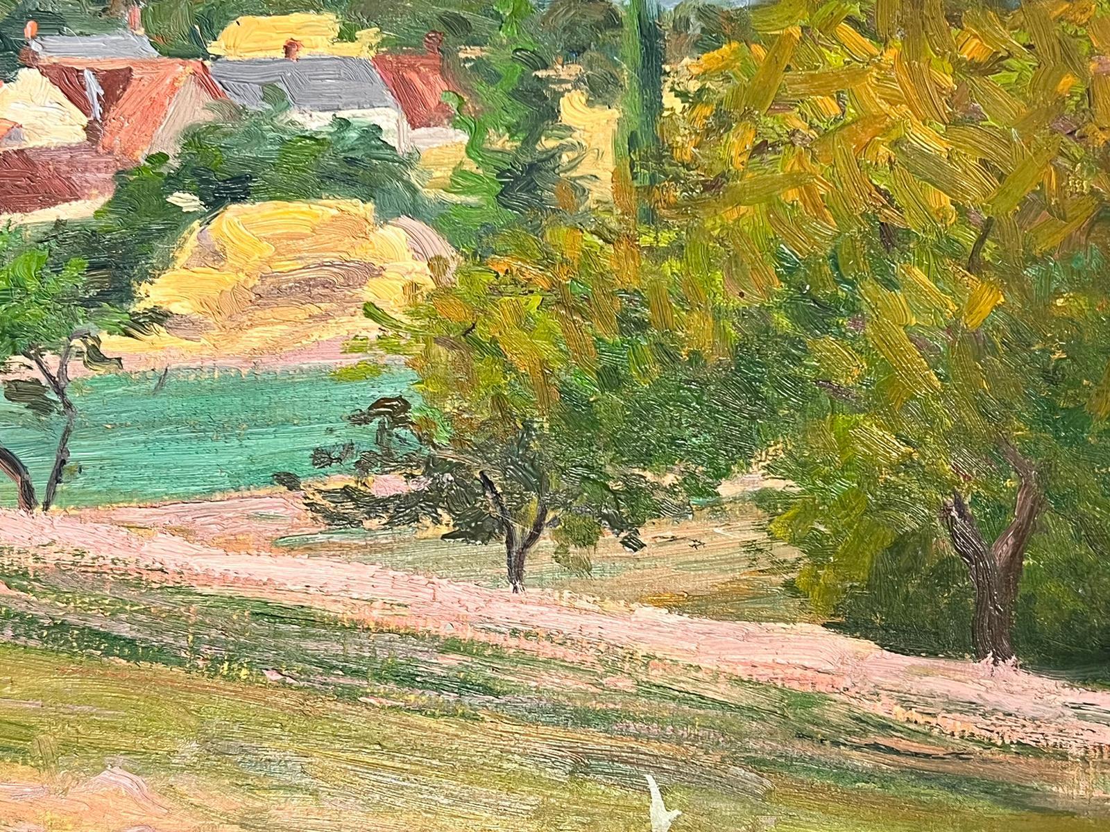 Peinture à l'huile post-impressionniste française des années 1930 - Paysage vert cottage - Painting de Suzanne Crochet