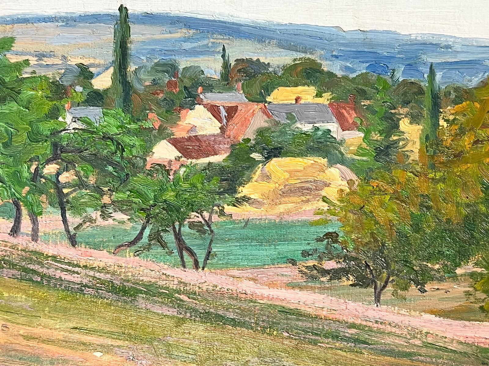 Peinture à l'huile post-impressionniste française des années 1930 - Paysage vert cottage - Post-impressionnisme Painting par Suzanne Crochet