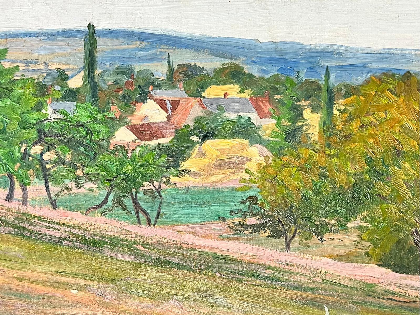 Peinture à l'huile post-impressionniste française des années 1930 - Paysage vert cottage en vente 1