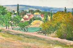 Peinture à l'huile post-impressionniste française des années 1930 - Paysage vert cottage