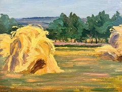 1930's French Post Impressionist Oil Painting Harvest Fields Wheat Corn Stacks