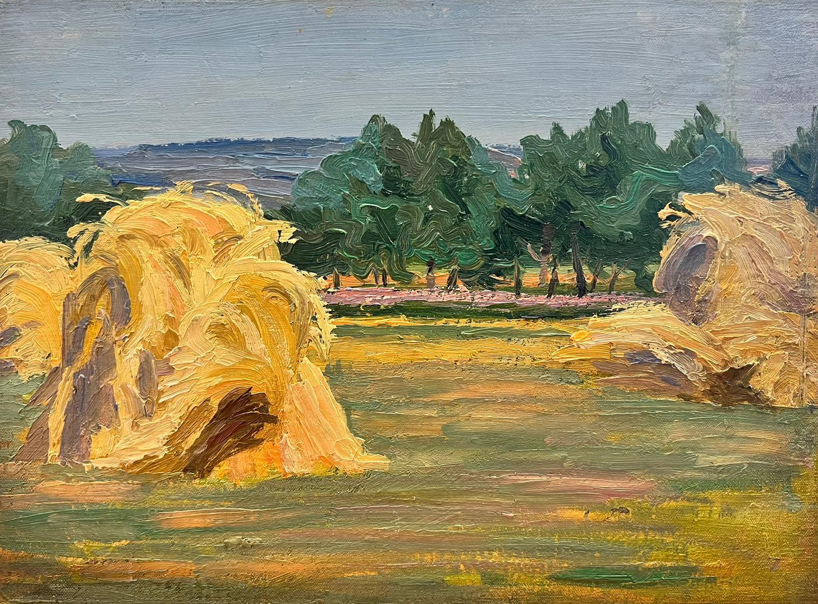 Landscape Painting de Suzanne Crochet - 1930's Pintura al óleo francesa post-impresionista Campos de cosecha Trigo Maíz Apilados