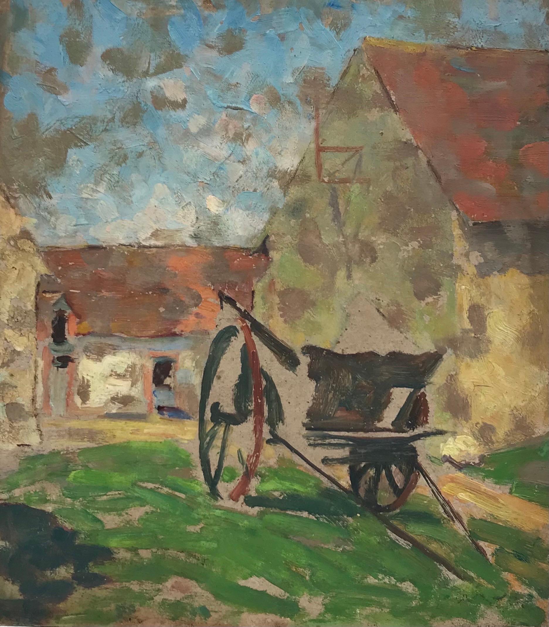 Landscape Painting de Suzanne Crochet - Cuadro al óleo postimpresionista francés de 1930 Carro de heno y edificios de granja