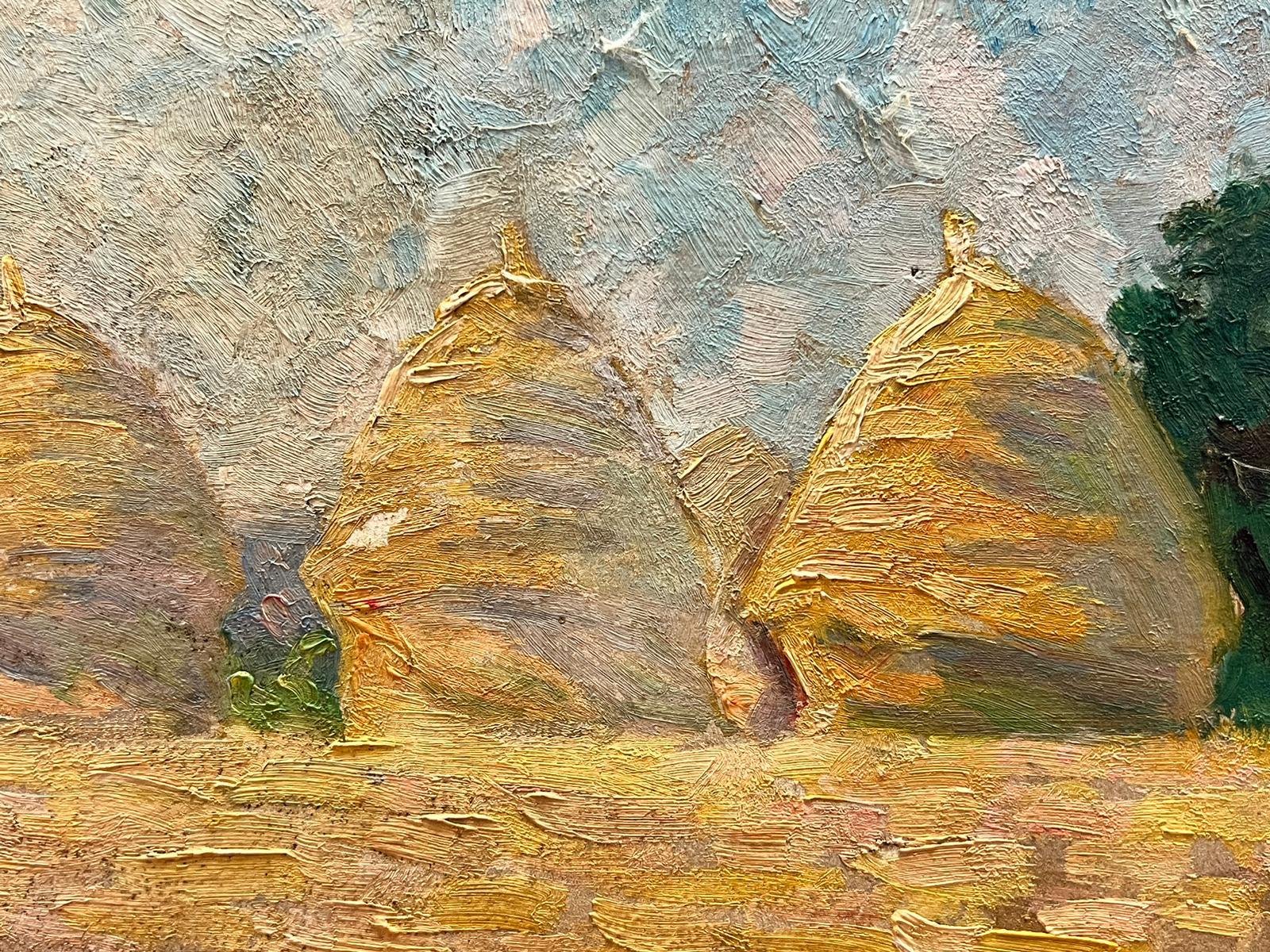 Artist/ School: Suzanne Crochet (French c. 1930), French Impressionist artist

Title: Haystacks

Medium: oil on board, unframed

board: 9.5 x 12 inches

Provenance: private collection, France

Condition: The painting is in overall good and sound