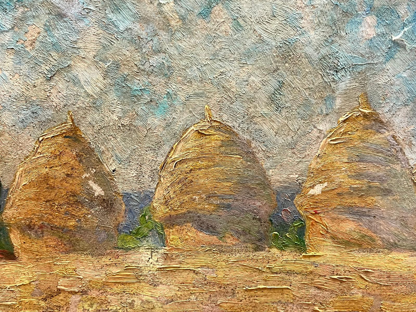 1930's French Post Impressionist Oil Painting Hay Stacks in Golden Fields 2