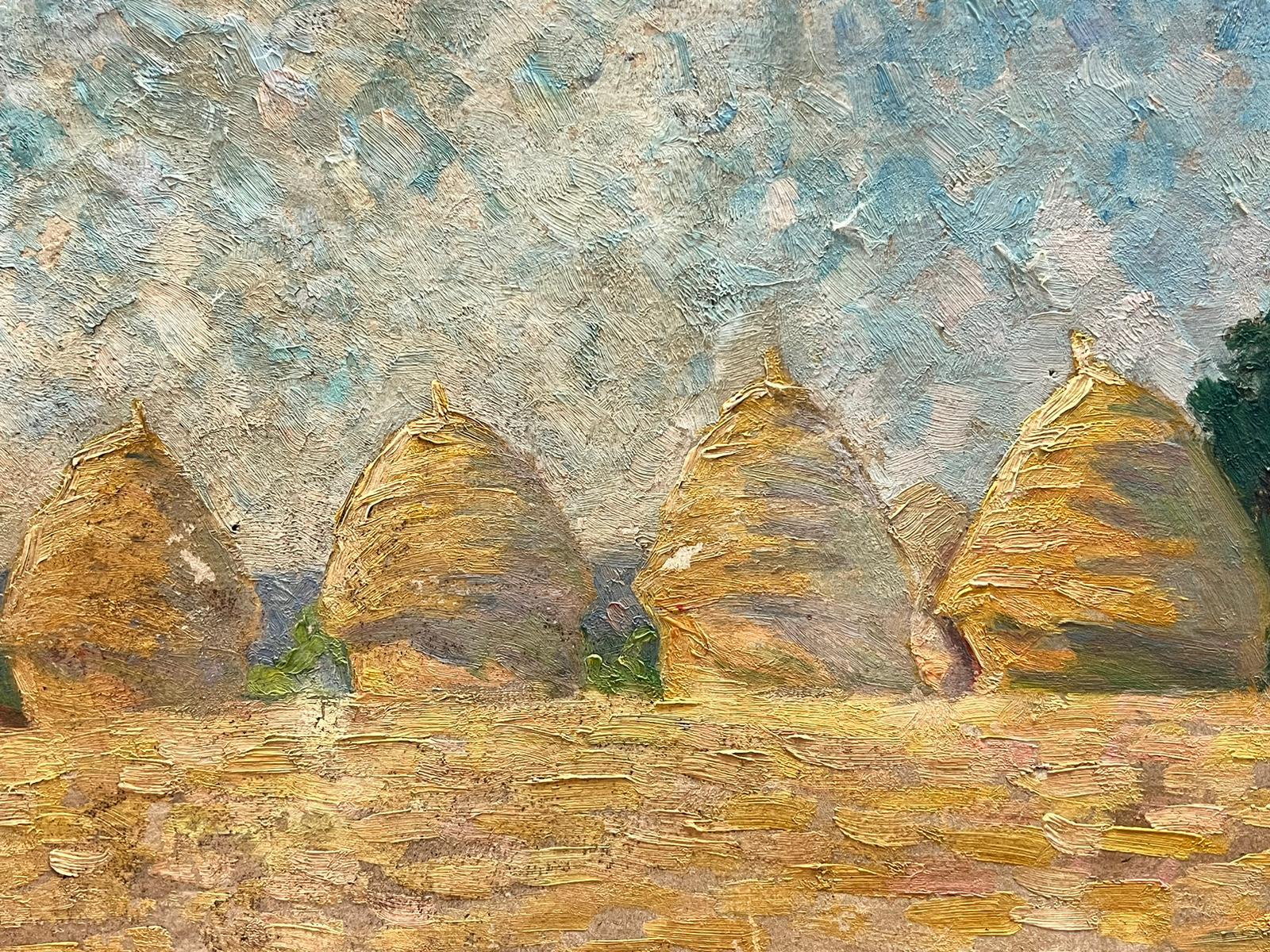 Pittura a olio francese post-impressionista del 1930: Pile di fieno in campi dorati 1