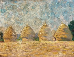 1930's French Post Impressionist Oil Painting Hay Stacks in Golden Fields