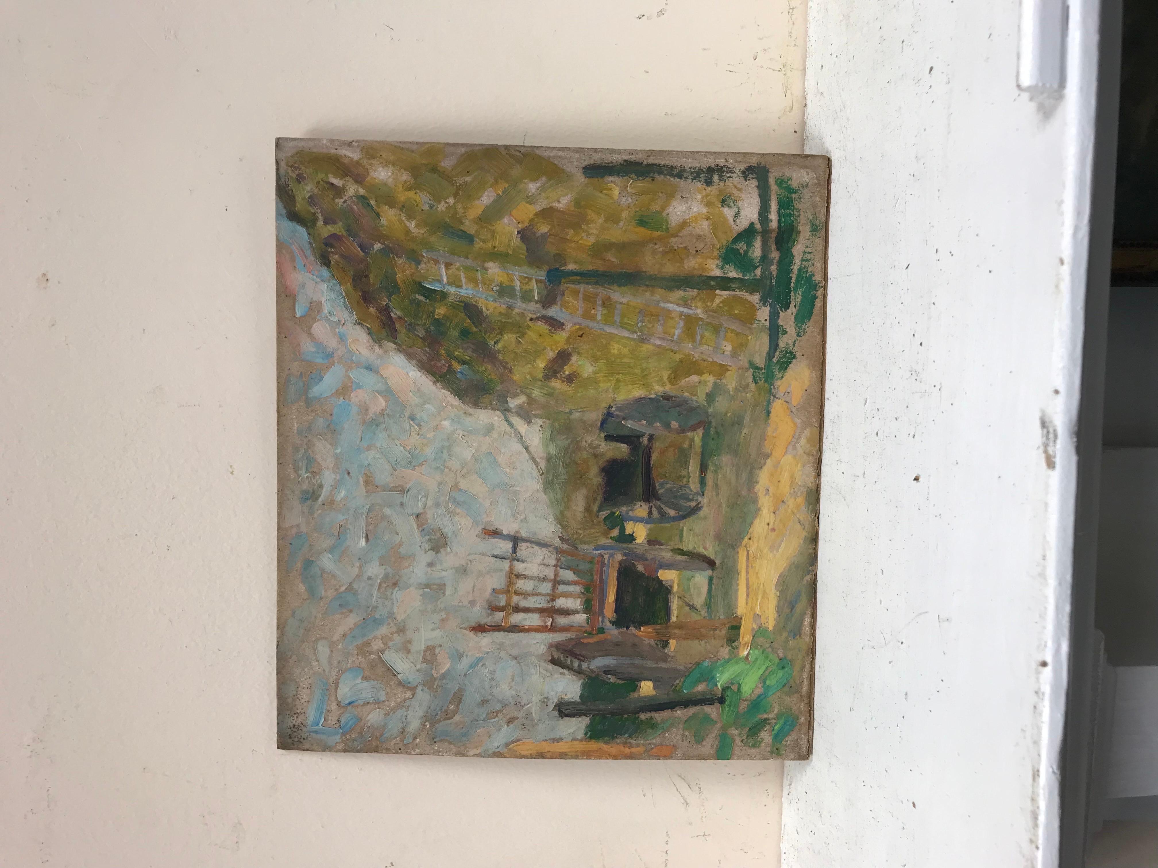 Pittura a olio francese post-impressionista del 1930: pagliaio e carretto nel campo - Painting di Suzanne Crochet