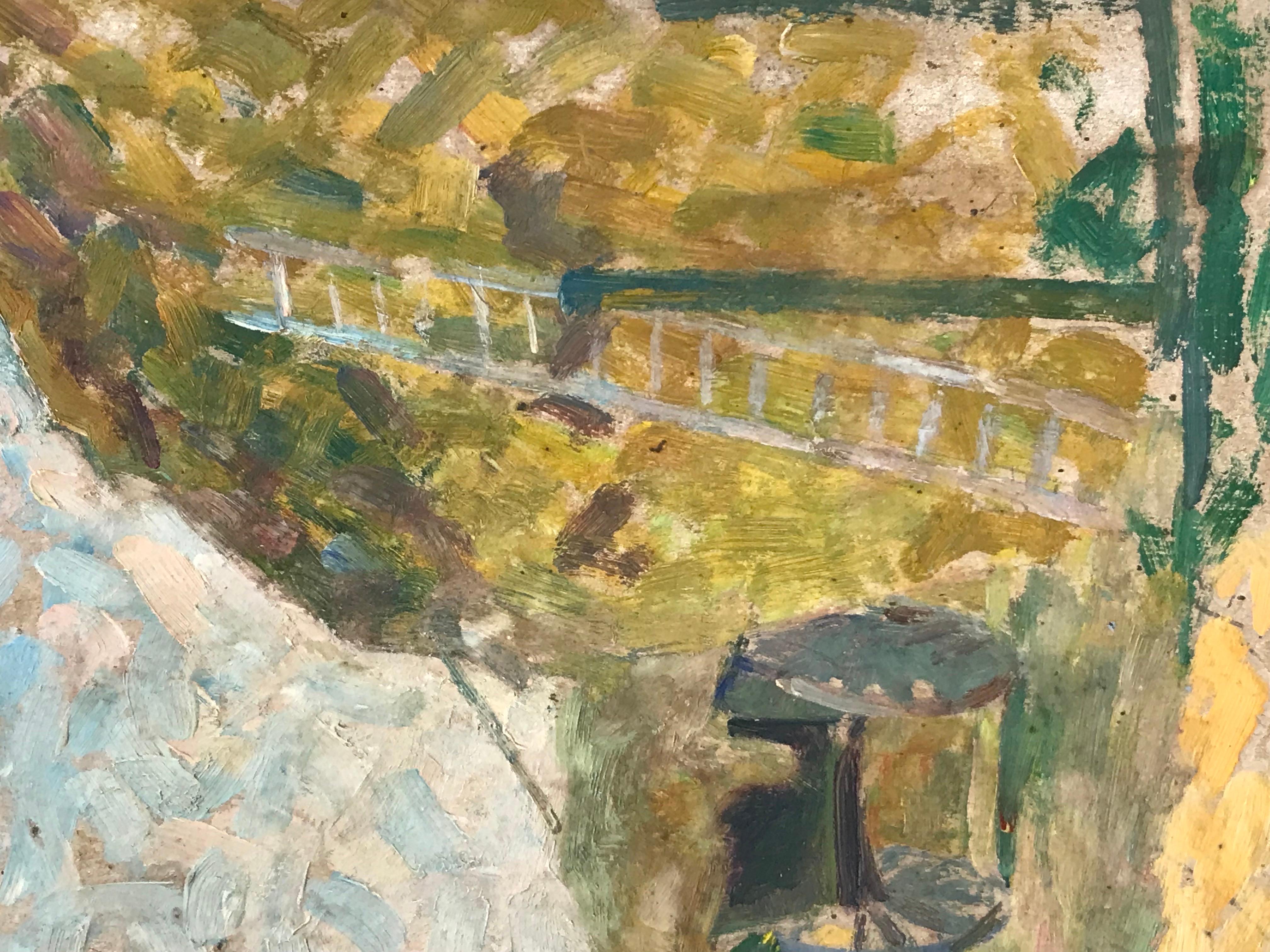 Pittura a olio francese post-impressionista del 1930: pagliaio e carretto nel campo - Painting Postimpressionismo di Suzanne Crochet