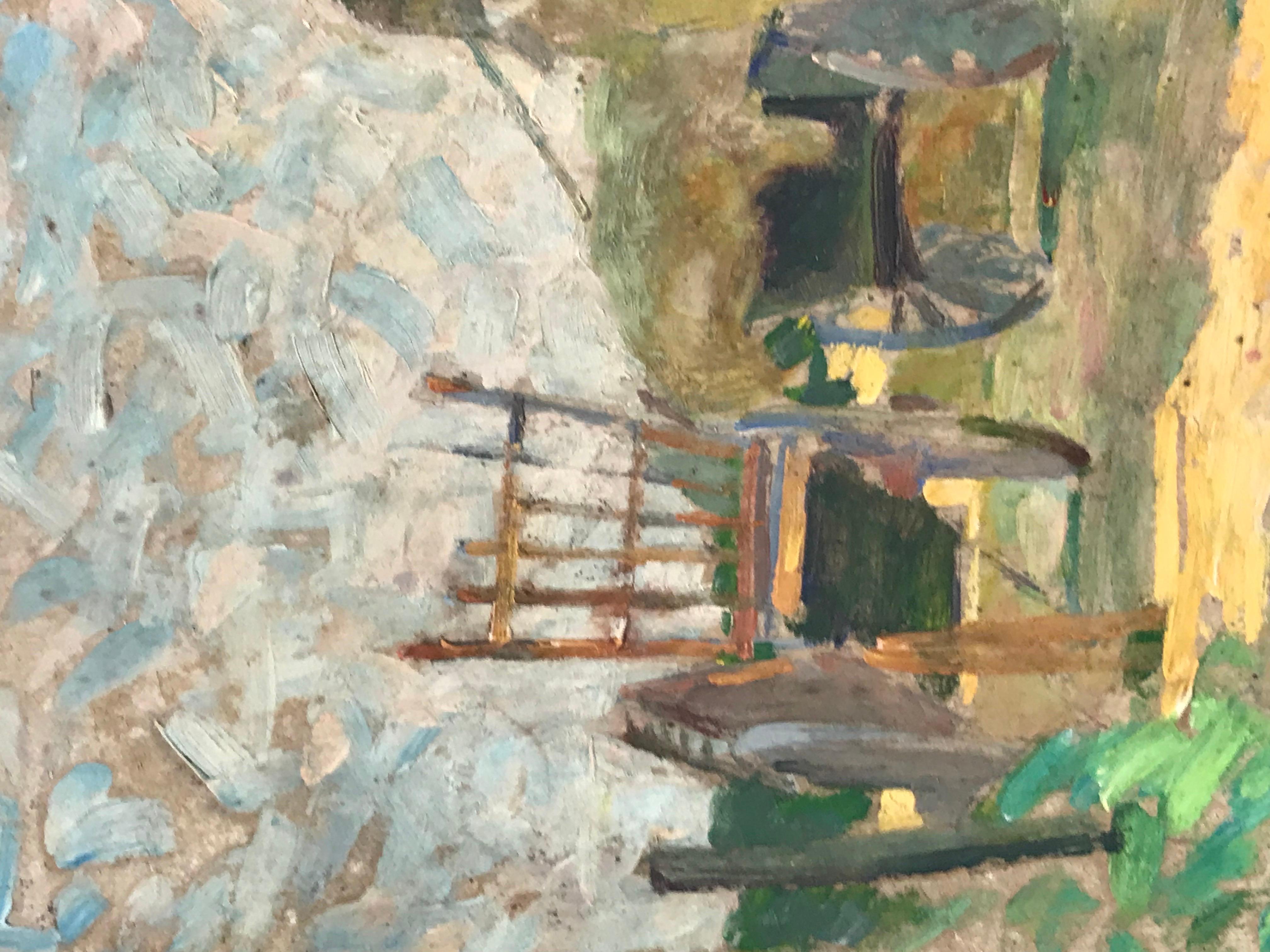 Pittura a olio francese post-impressionista del 1930: pagliaio e carretto nel campo 1