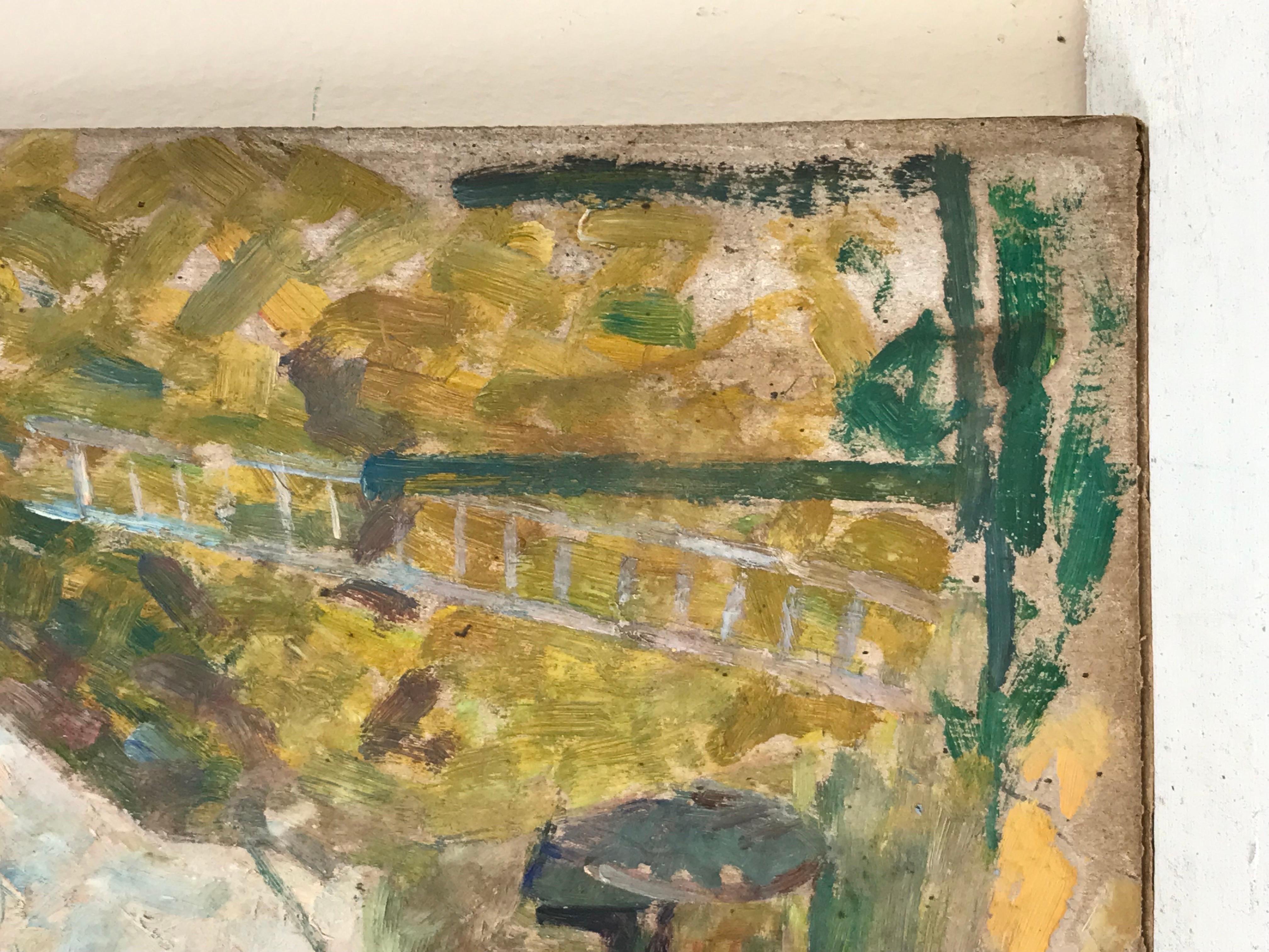 Pittura a olio francese post-impressionista del 1930: pagliaio e carretto nel campo 2