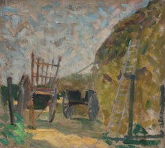 Antique 1930's French Post Impressionist Oil Painting Haystack & Cart in Field