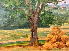 1930's French Post Impressionist Oil Painting Haystack under Tree Landscape