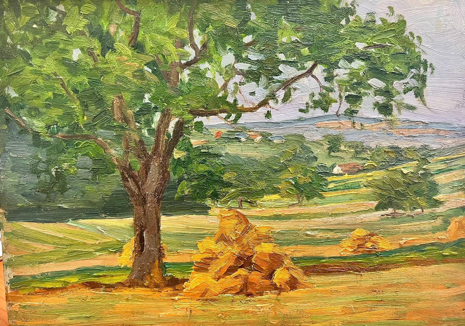 Suzanne Crochet Figurative Painting - 1930's French Post Impressionist Oil Painting Haystack under Tree Landscape 