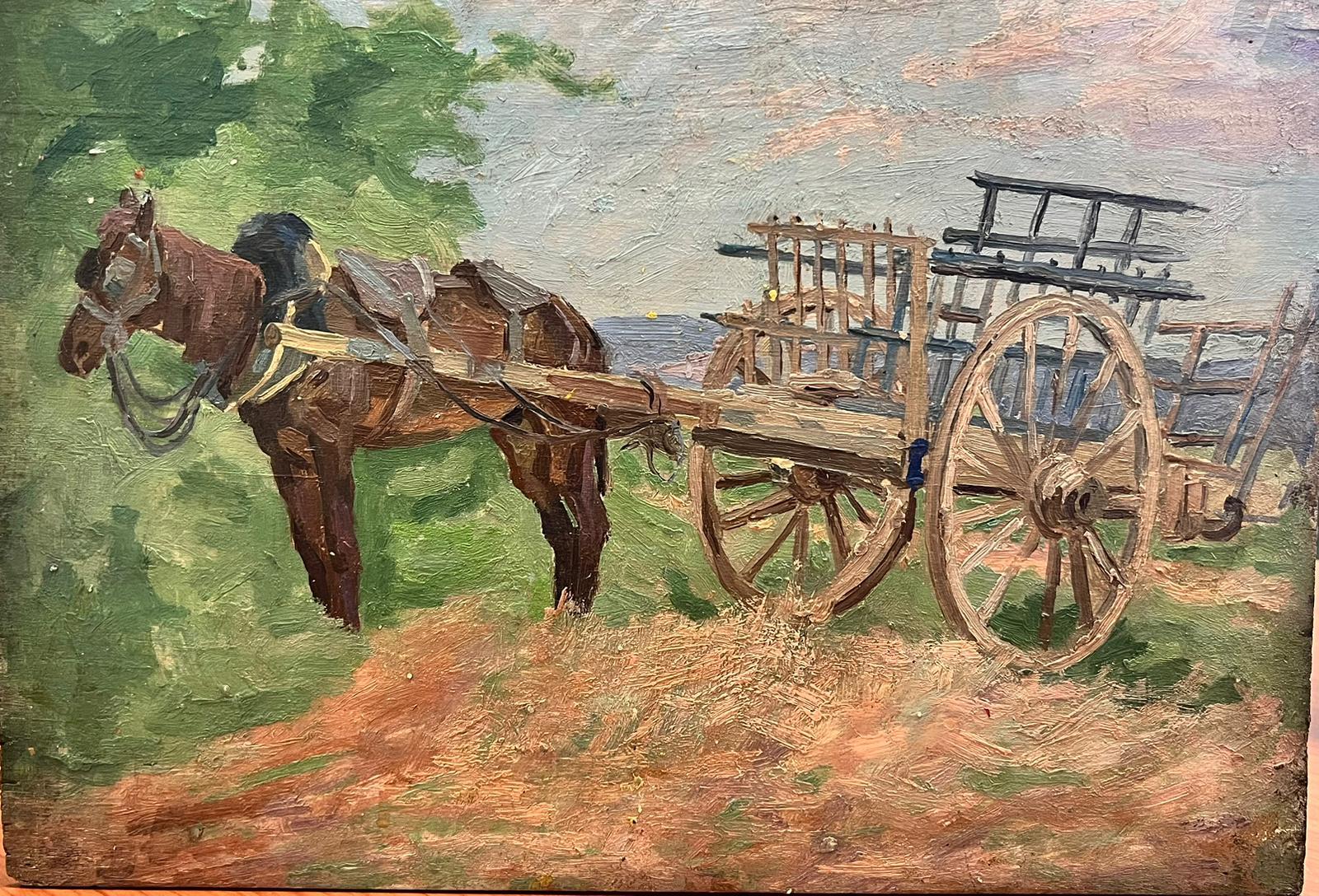 Artist/ School: Suzanne Crochet (French c. 1930), female French Impressionist artist

Title: The Hay Cart

Medium: oil on board, unframed

Size:

board: 9.5 x 13 inches

Provenance: private collection, France

Condition: The painting is in overall
