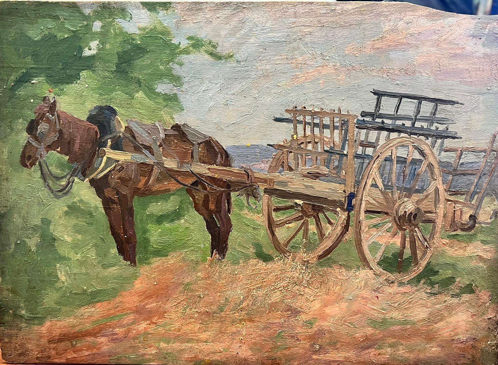 Suzanne Crochet Animal Painting - 1930's French Post Impressionist Oil Painting -  Horse and Hay Cart 