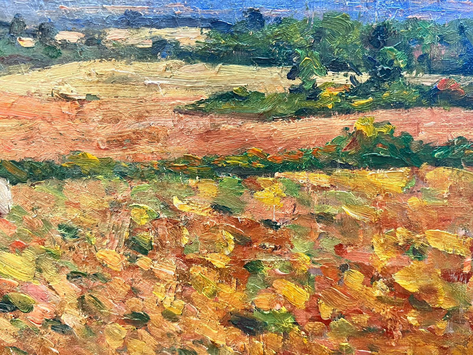 Peinture à l'huile post-impressionniste française des années 1930 - Dame glanant dans les champs de moisson - Painting de Suzanne Crochet