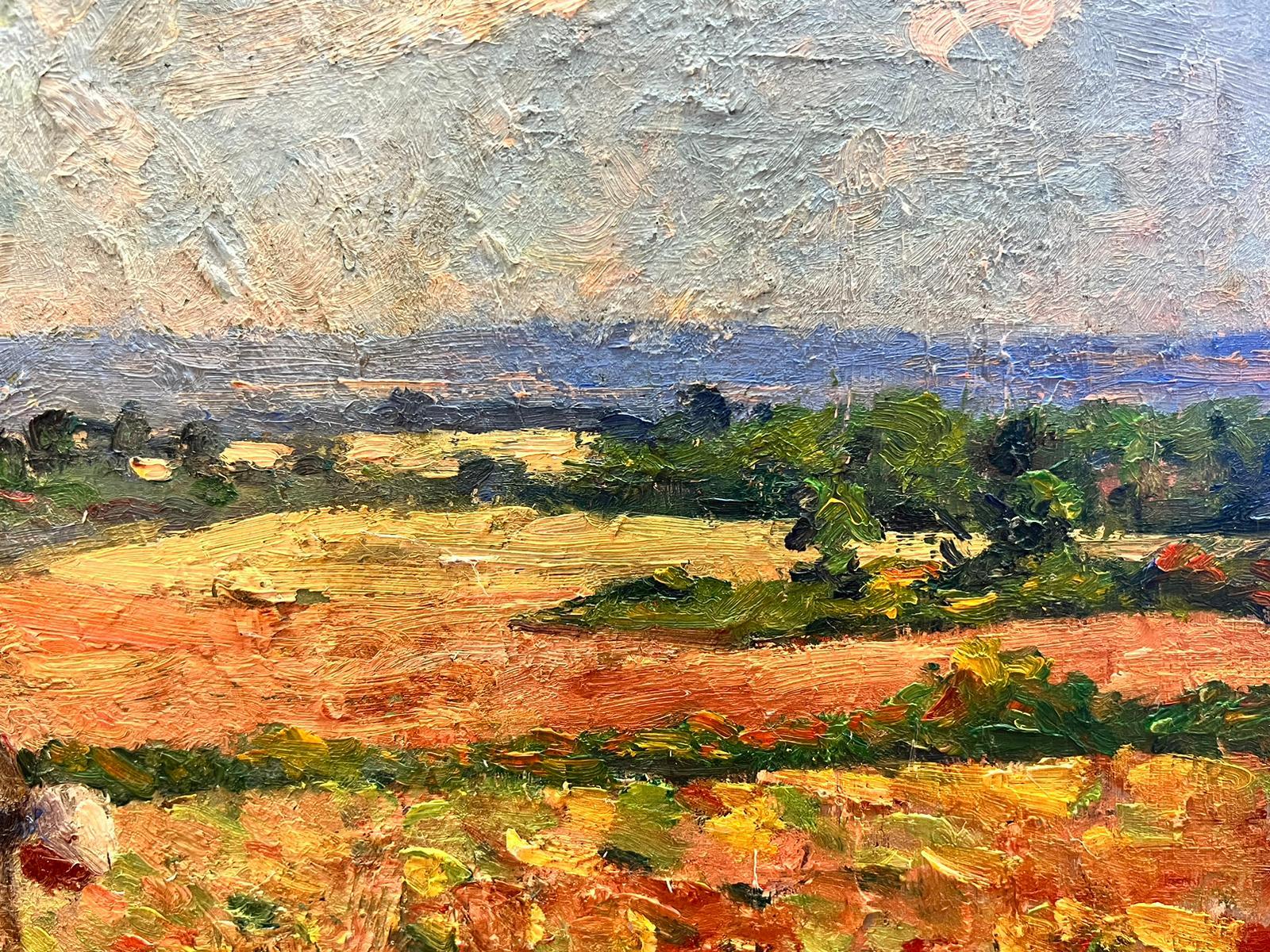 Peinture à l'huile post-impressionniste française des années 1930 - Dame glanant dans les champs de moisson - Post-impressionnisme Painting par Suzanne Crochet