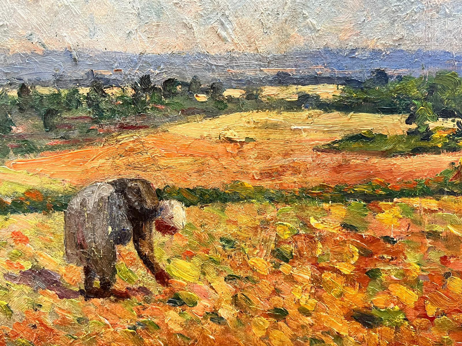 1930's French Post Impressionist Oil Painting Lady Gleaning in Harvest Fields For Sale 1