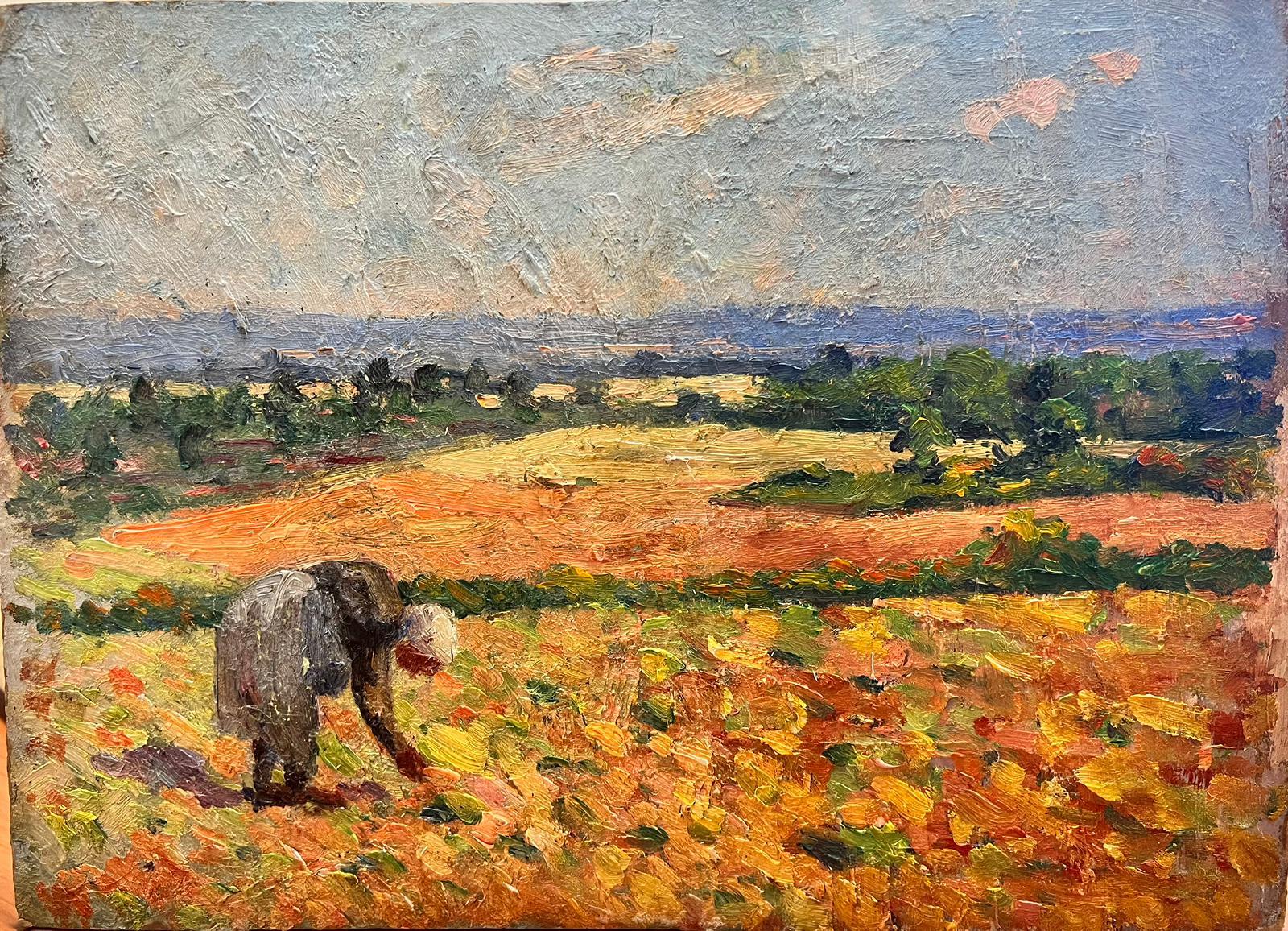 Peinture à l'huile post-impressionniste française des années 1930 - Dame glanant dans les champs de moisson
