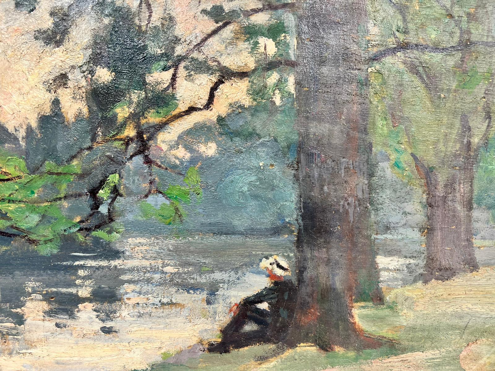 Artist/ School: Suzanne Crochet (French c. 1930), female French Impressionist artist

Title: A tranquil river landscape in beautiful soft mellow tones of green, with a man in a hat resting under the shade of a tree. 

Medium: oil on board,