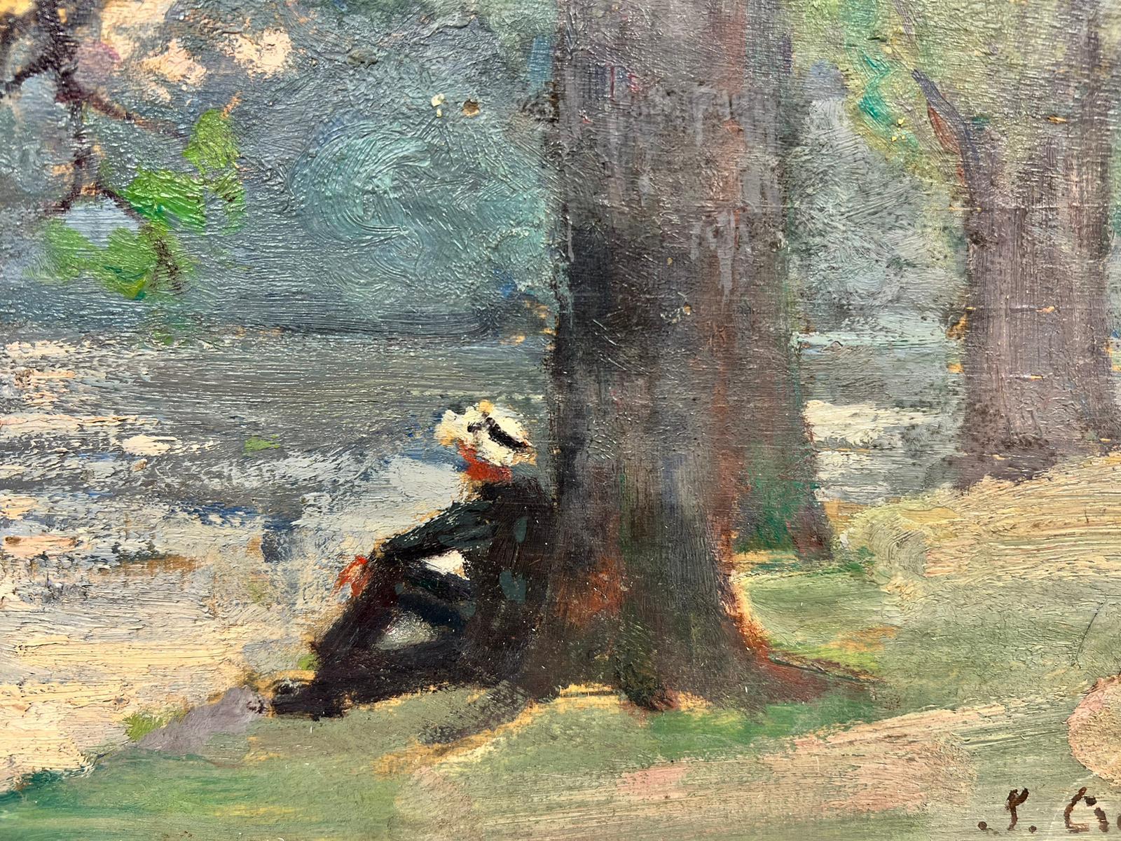 1930's French Post Impressionist Oil Painting Man Sitting under Tree by River 1