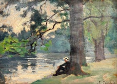 1930's French Post Impressionist Oil Painting Man Sitting under Tree by River