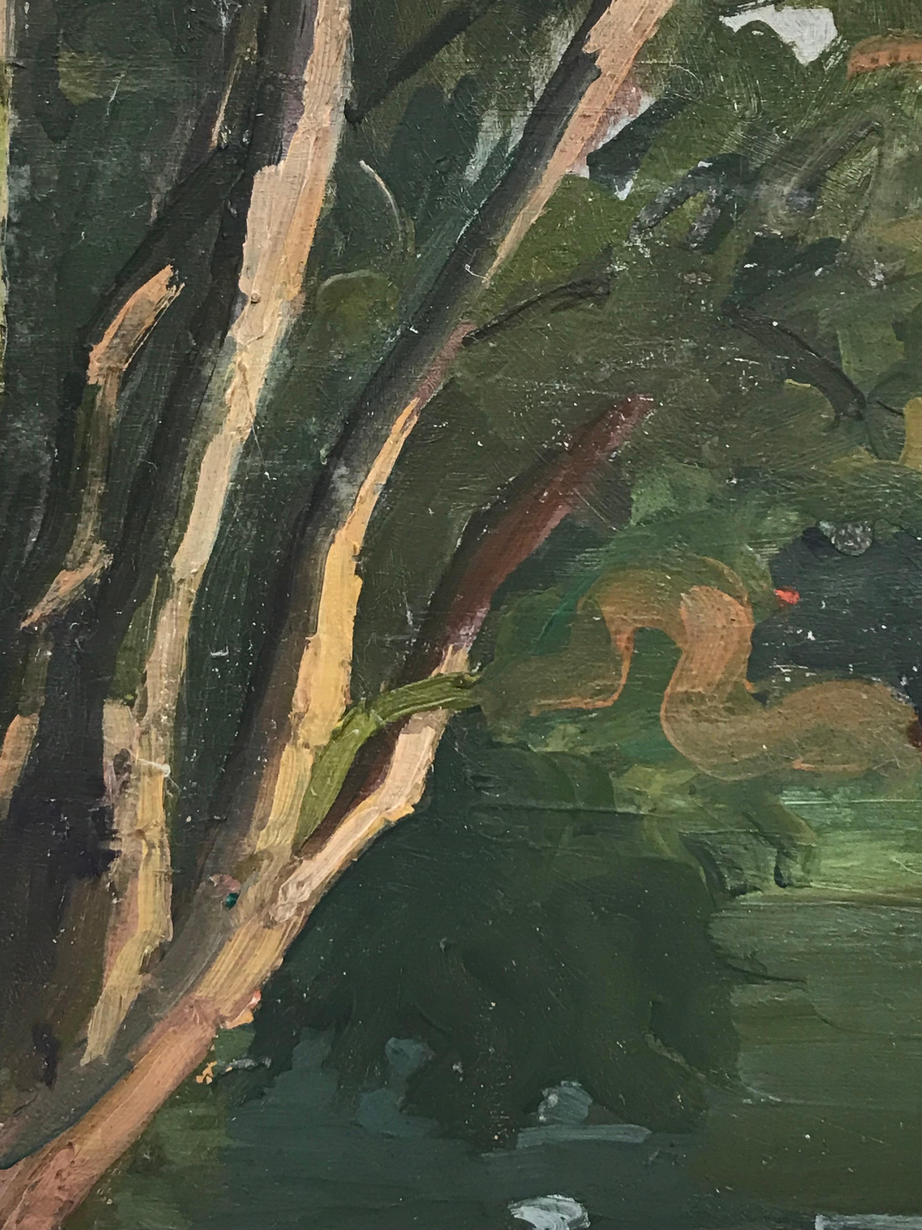 Pittura a olio francese post-impressionista del 1930 Alberi verdi e lunatici su uno stagno - Landscape Painting Nero di Suzanne Crochet